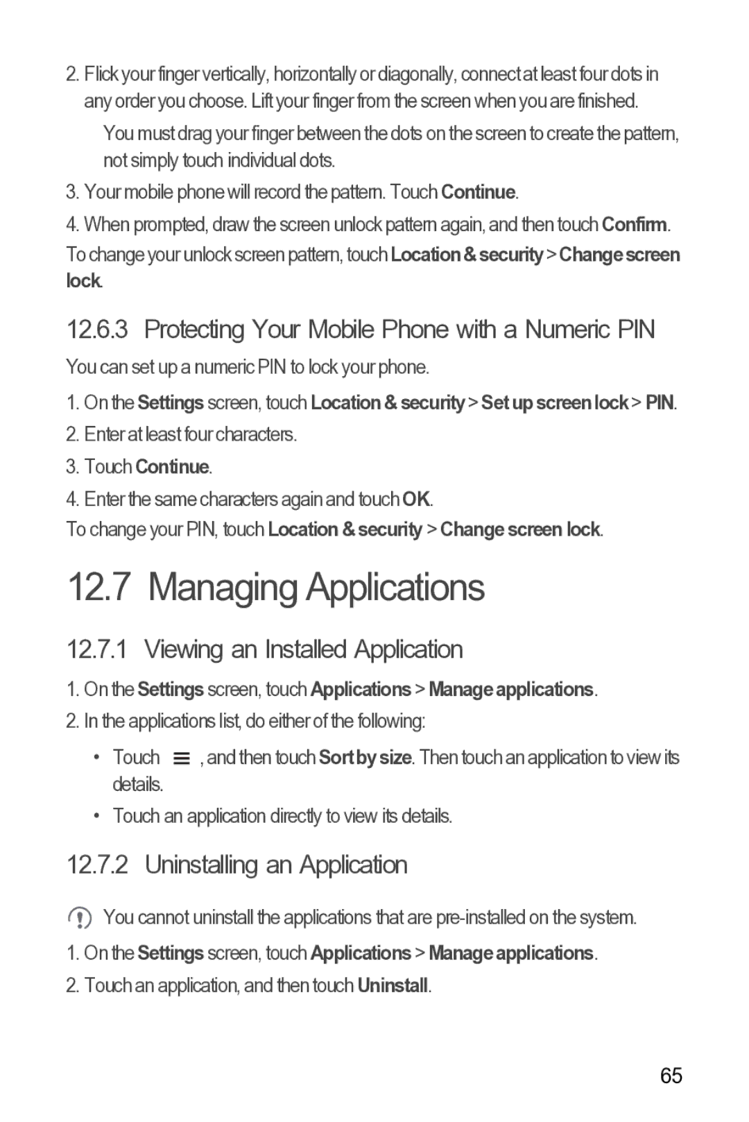 Huawei Y210 manual Managing Applications, Protecting Your Mobile Phone with a Numeric PIN, Viewing an Installed Application 