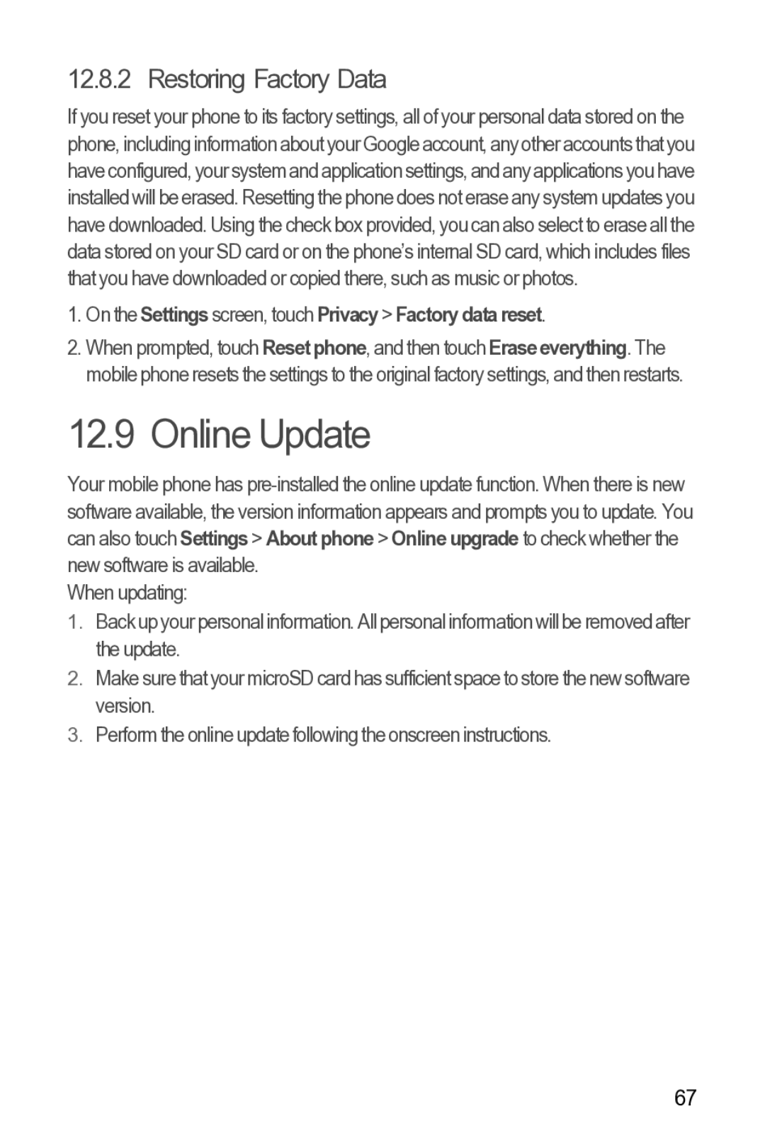 Huawei Y210 manual Online Update, Restoring Factory Data, On the Settings screen, touch Privacy Factory data reset 