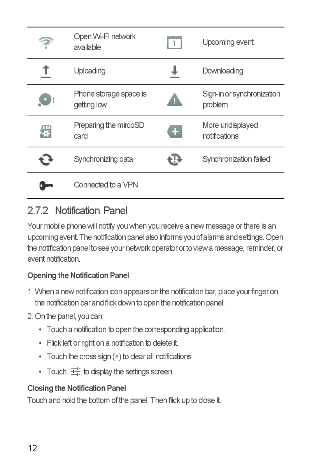 Huawei Y300 manual Opening the Notification Panel, Closing the Notification Panel 