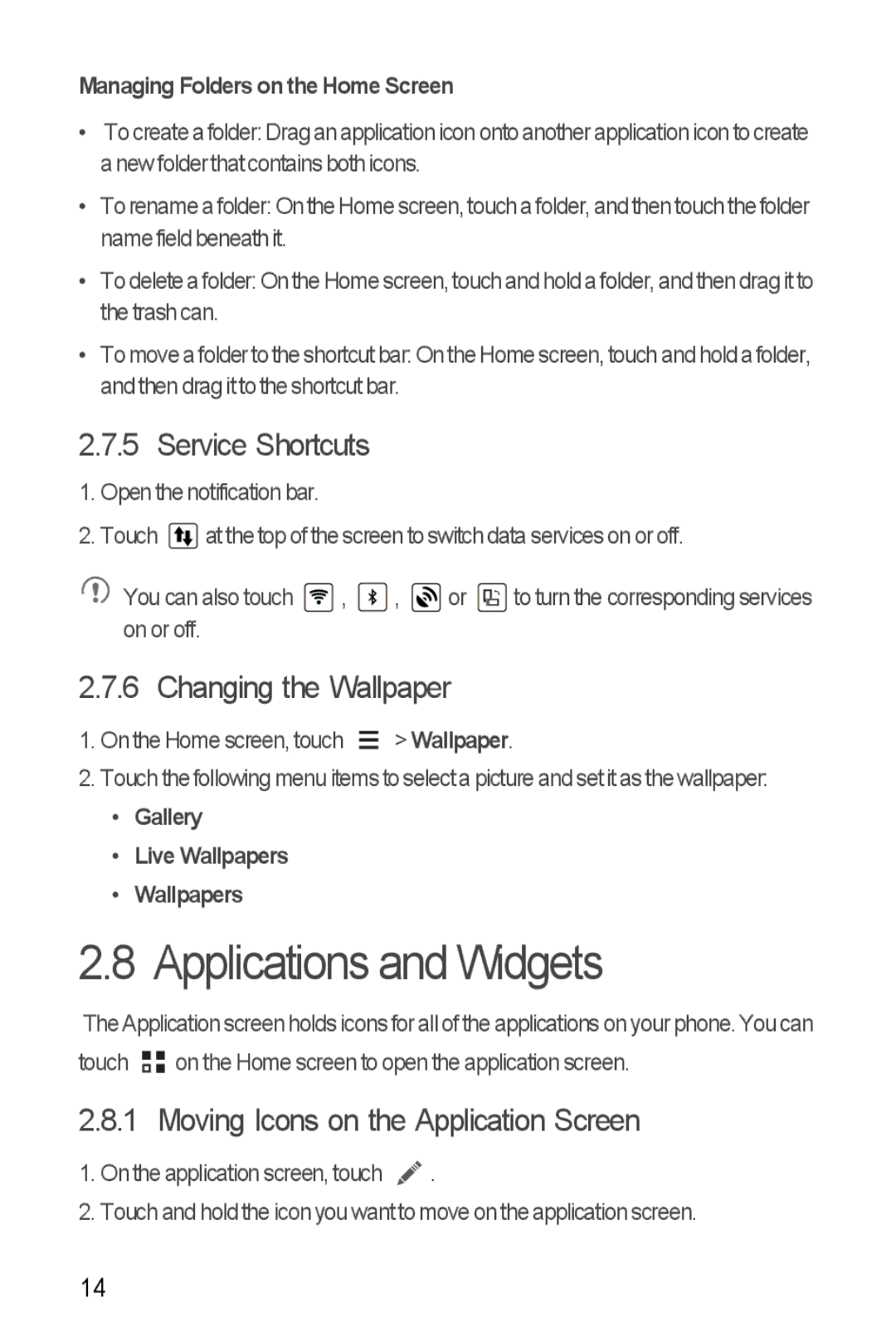 Huawei Y300 Applications and Widgets, Service Shortcuts, Changing the Wallpaper, Moving Icons on the Application Screen 