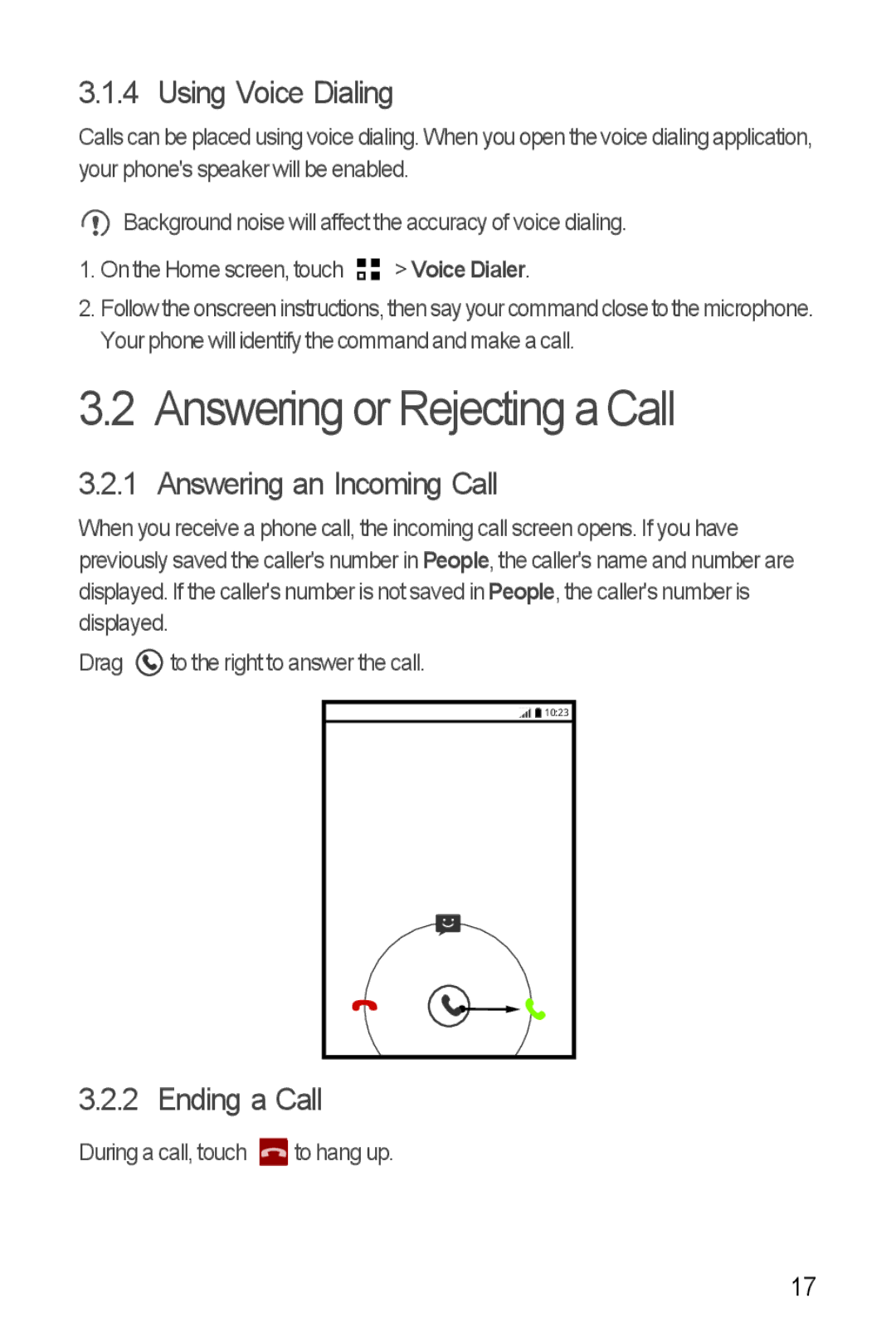 Huawei Y300 manual Answering or Rejecting a Call, Using Voice Dialing, Answering an Incoming Call, Ending a Call 