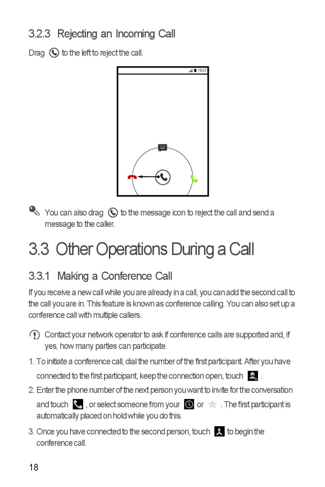 Huawei Y300 manual Other Operations During a Call, Rejecting an Incoming Call, Making a Conference Call 