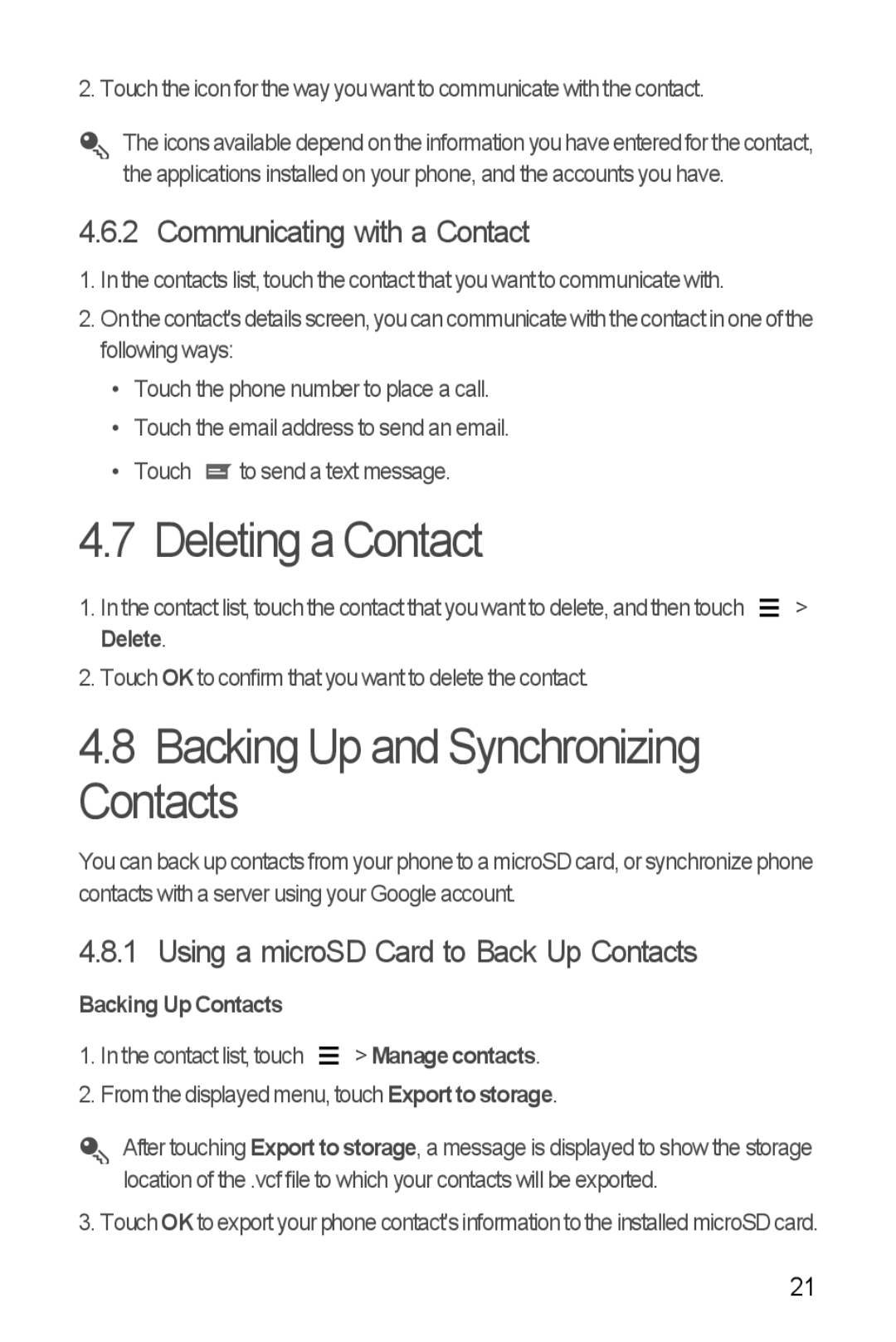 Huawei Y300 manual Deleting a Contact, Backing Up and Synchronizing Contacts, Communicating with a Contact 