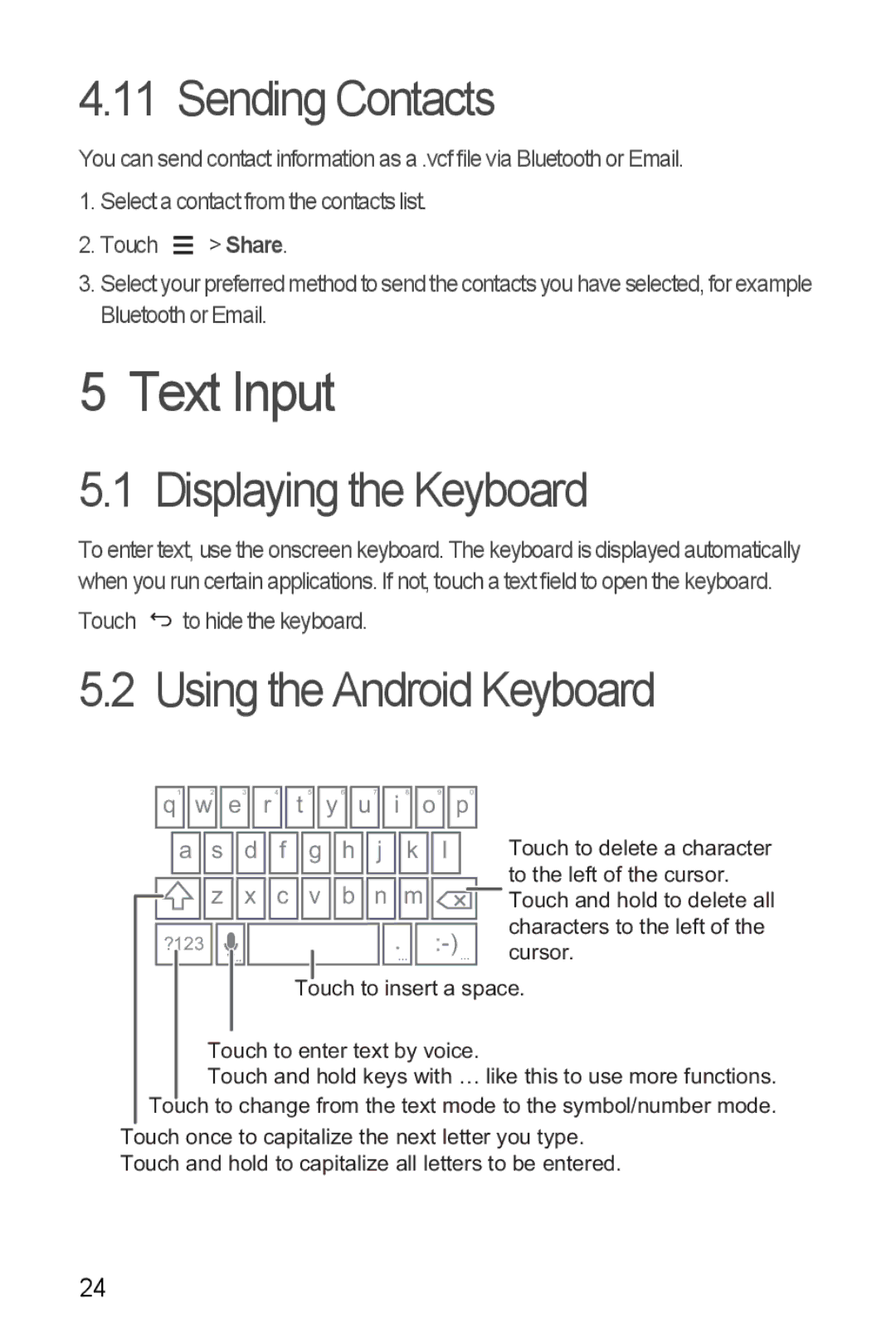 Huawei Y300 manual Text Input, Sending Contacts, Displaying the Keyboard 