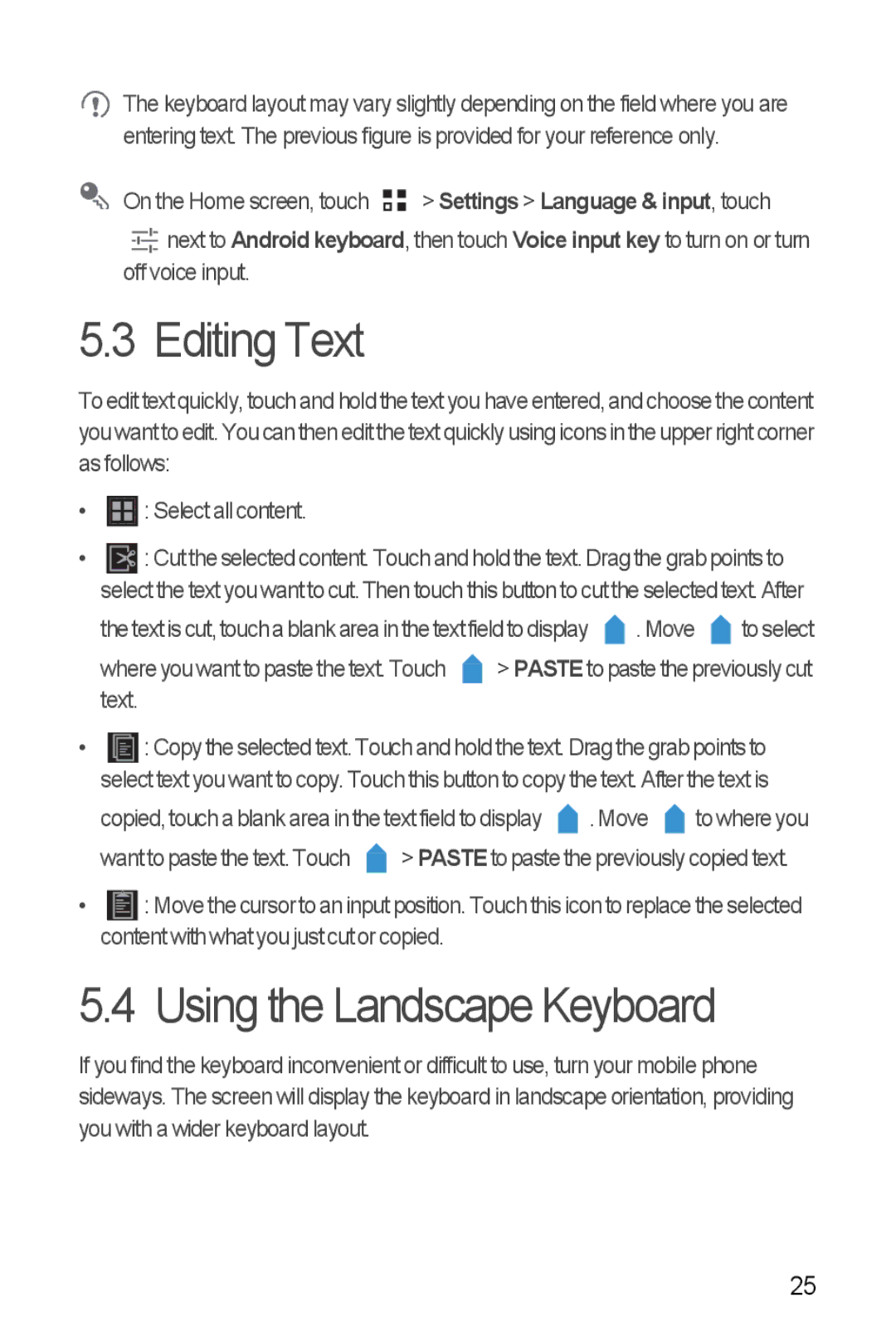 Huawei Y300 manual Editing Text, Using the Landscape Keyboard 