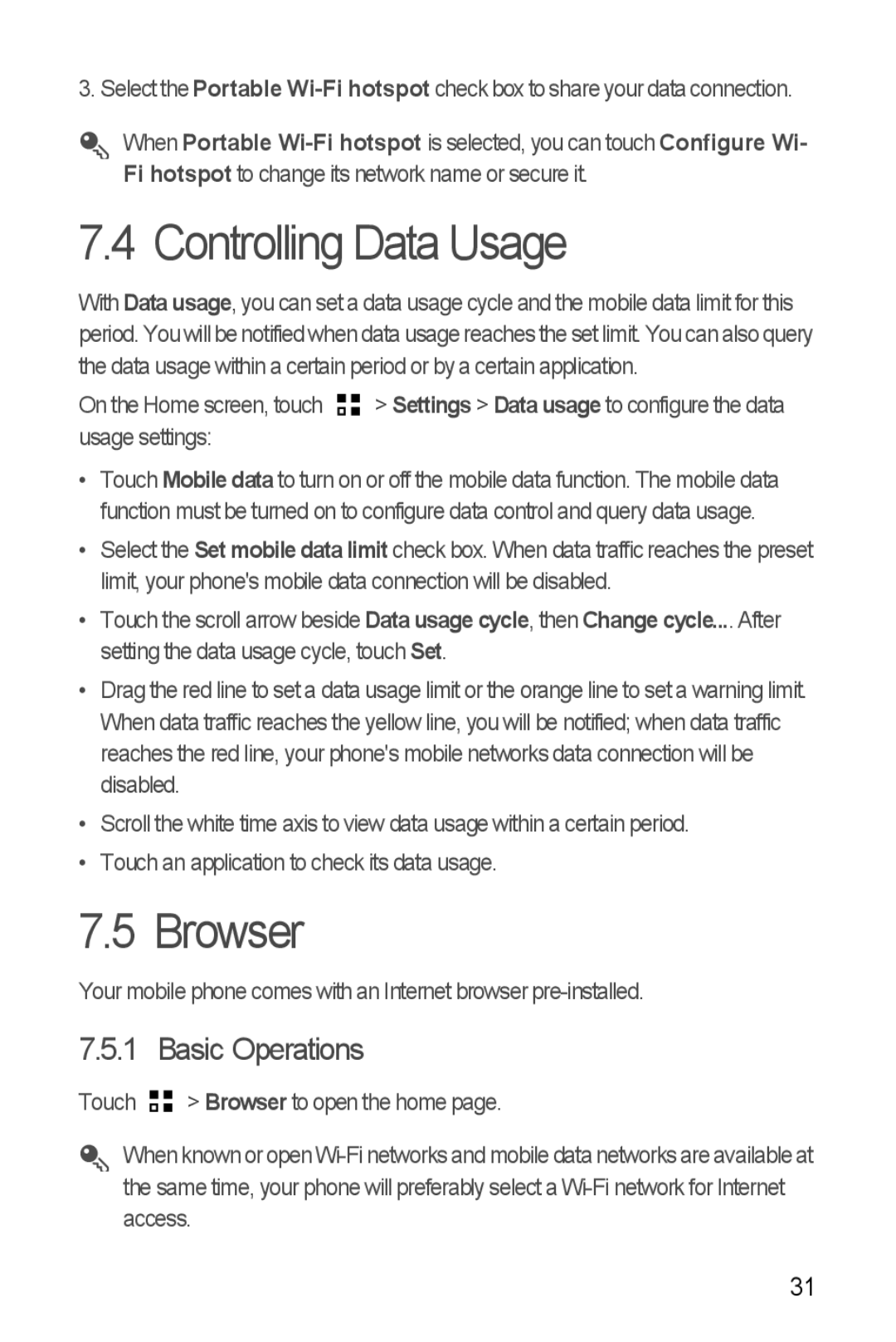 Huawei Y300 manual Controlling Data Usage, Browser, Basic Operations 