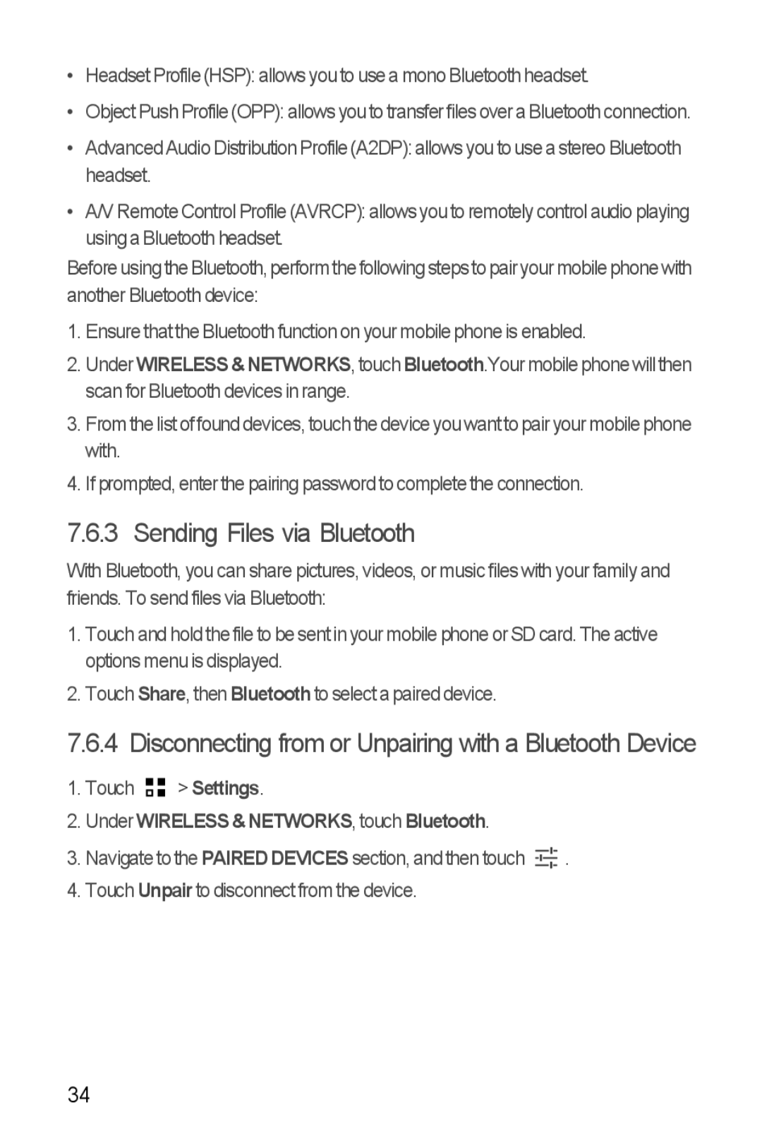 Huawei Y300 manual Sending Files via Bluetooth, Touch Settings Under Wireless & NETWORKS, touch Bluetooth 