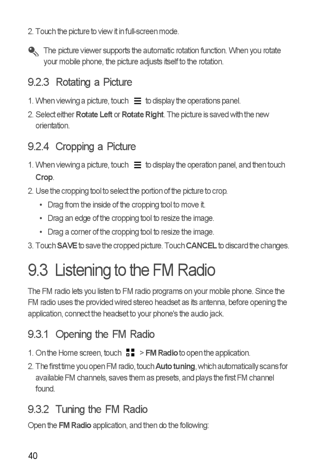 Huawei Y300 Listening to the FM Radio, Rotating a Picture, Cropping a Picture, Opening the FM Radio, Tuning the FM Radio 