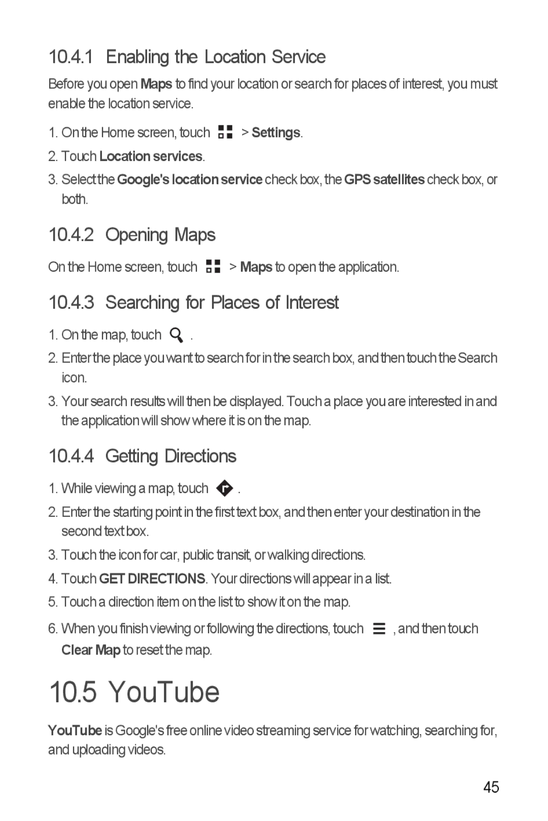 Huawei Y300 YouTube, Enabling the Location Service, Opening Maps, Searching for Places of Interest, Getting Directions 