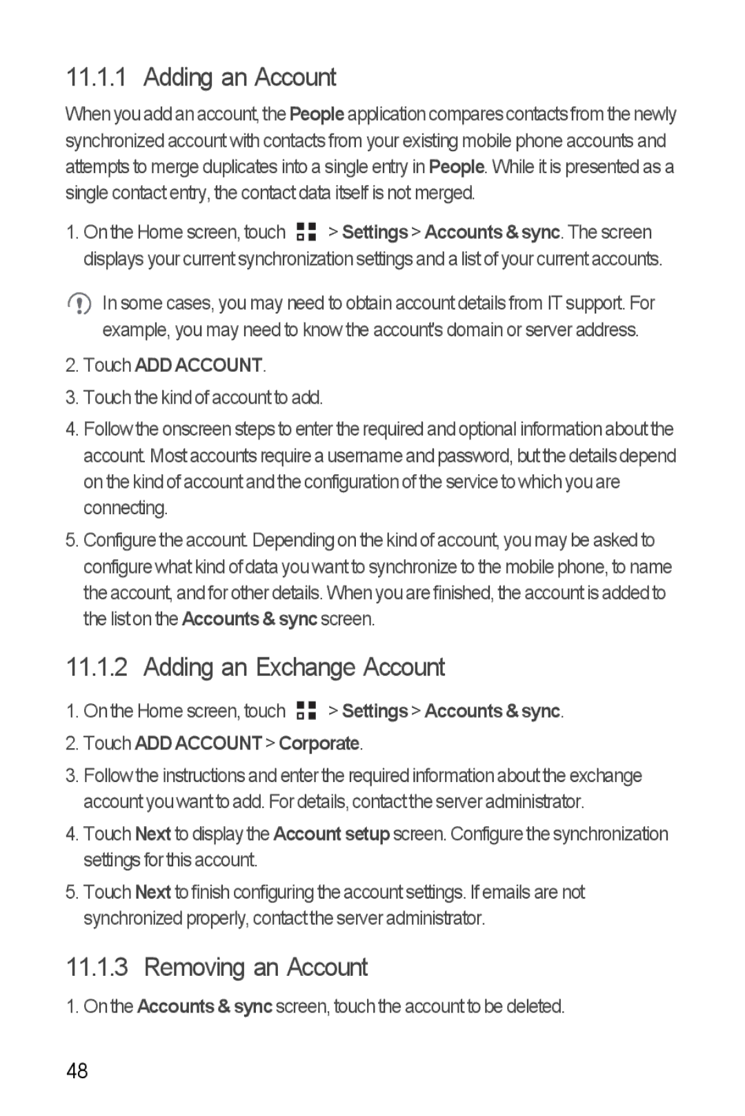 Huawei Y300 manual Adding an Account, Adding an Exchange Account, Removing an Account, Touch ADD Account 