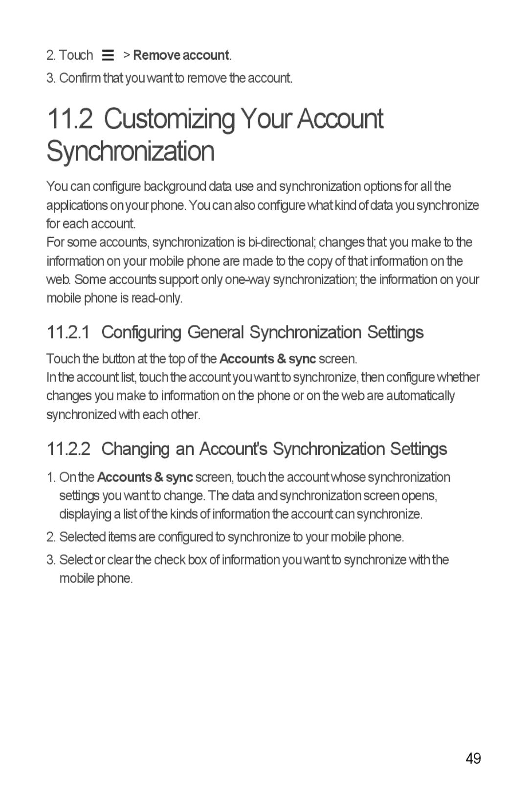 Huawei Y300 Customizing Your Account Synchronization, Configuring General Synchronization Settings, Touch Remove account 