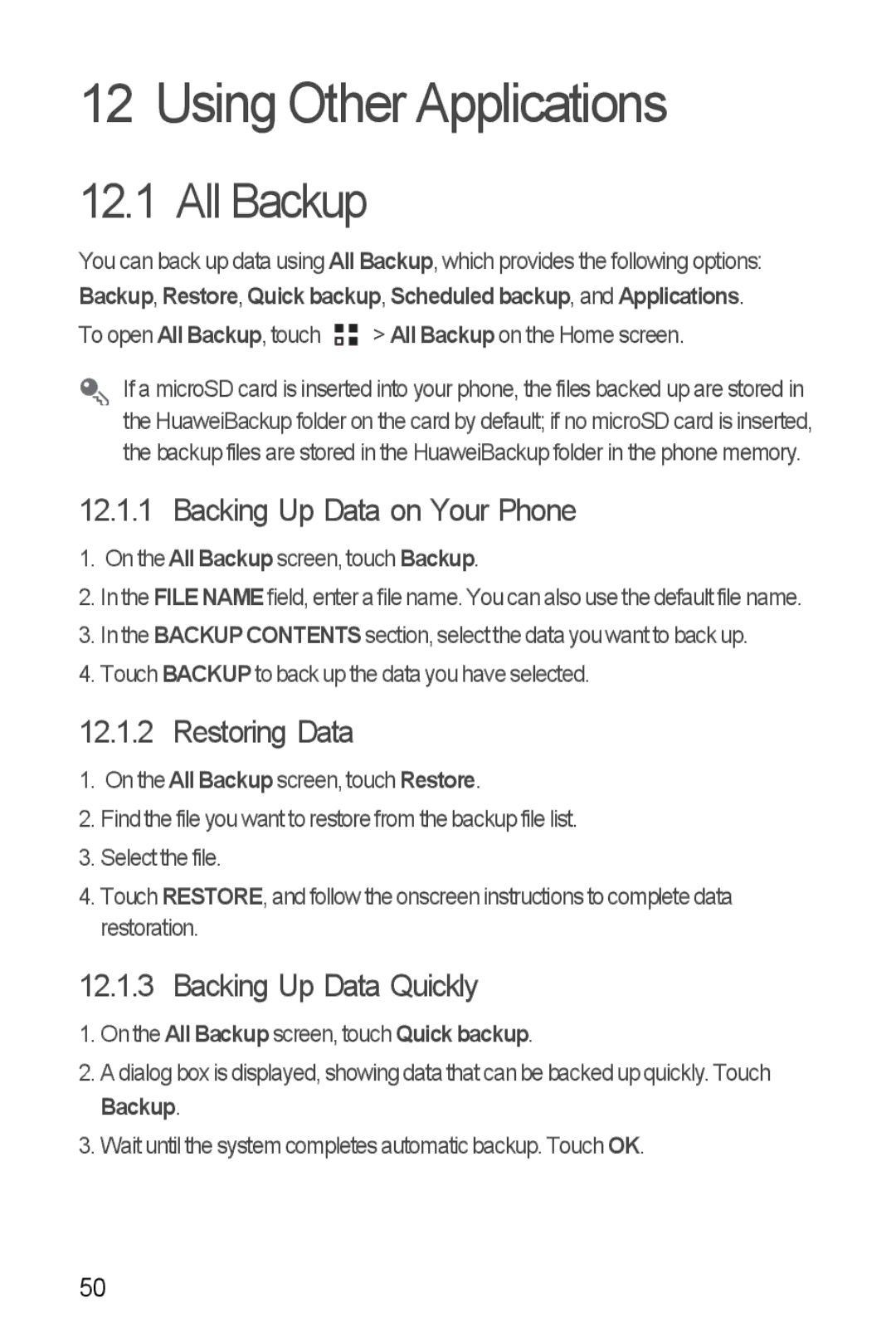 Huawei Y300 Using Other Applications, All Backup, Backing Up Data on Your Phone, Restoring Data, Backing Up Data Quickly 