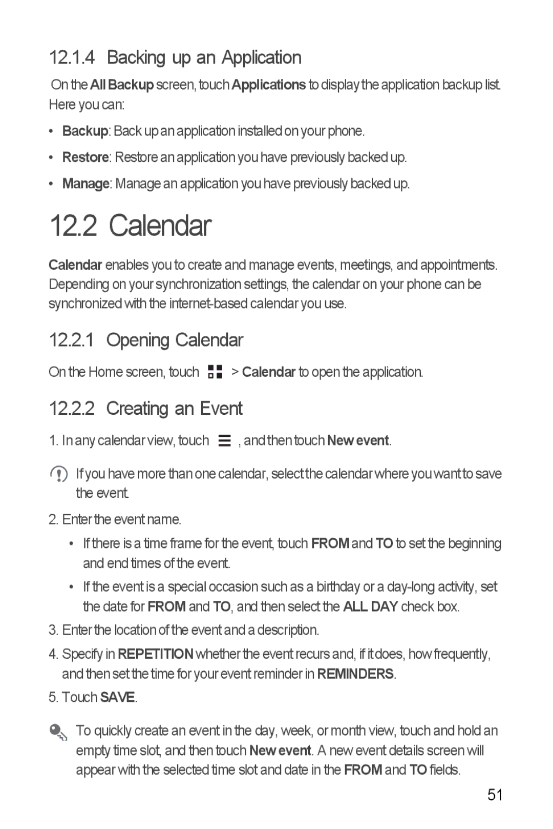 Huawei Y300 manual Backing up an Application, Opening Calendar, Creating an Event 