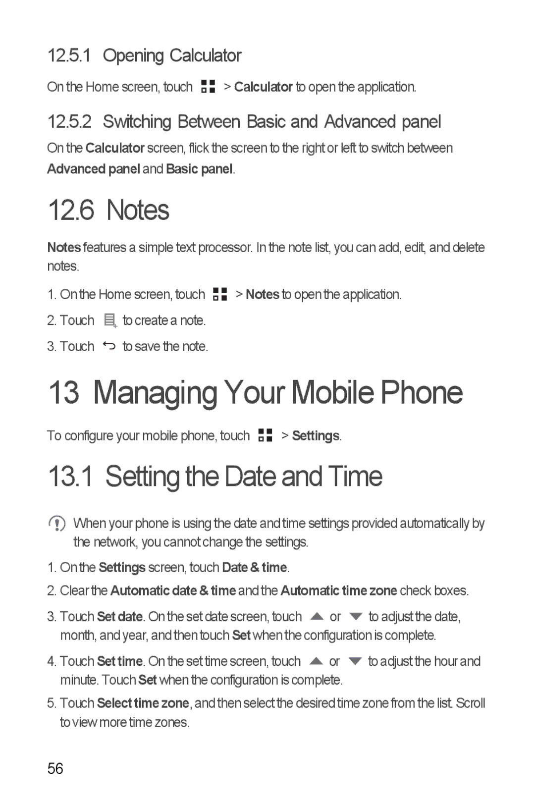 Huawei Y300 manual Managing Your Mobile Phone, Setting the Date and Time, Opening Calculator 