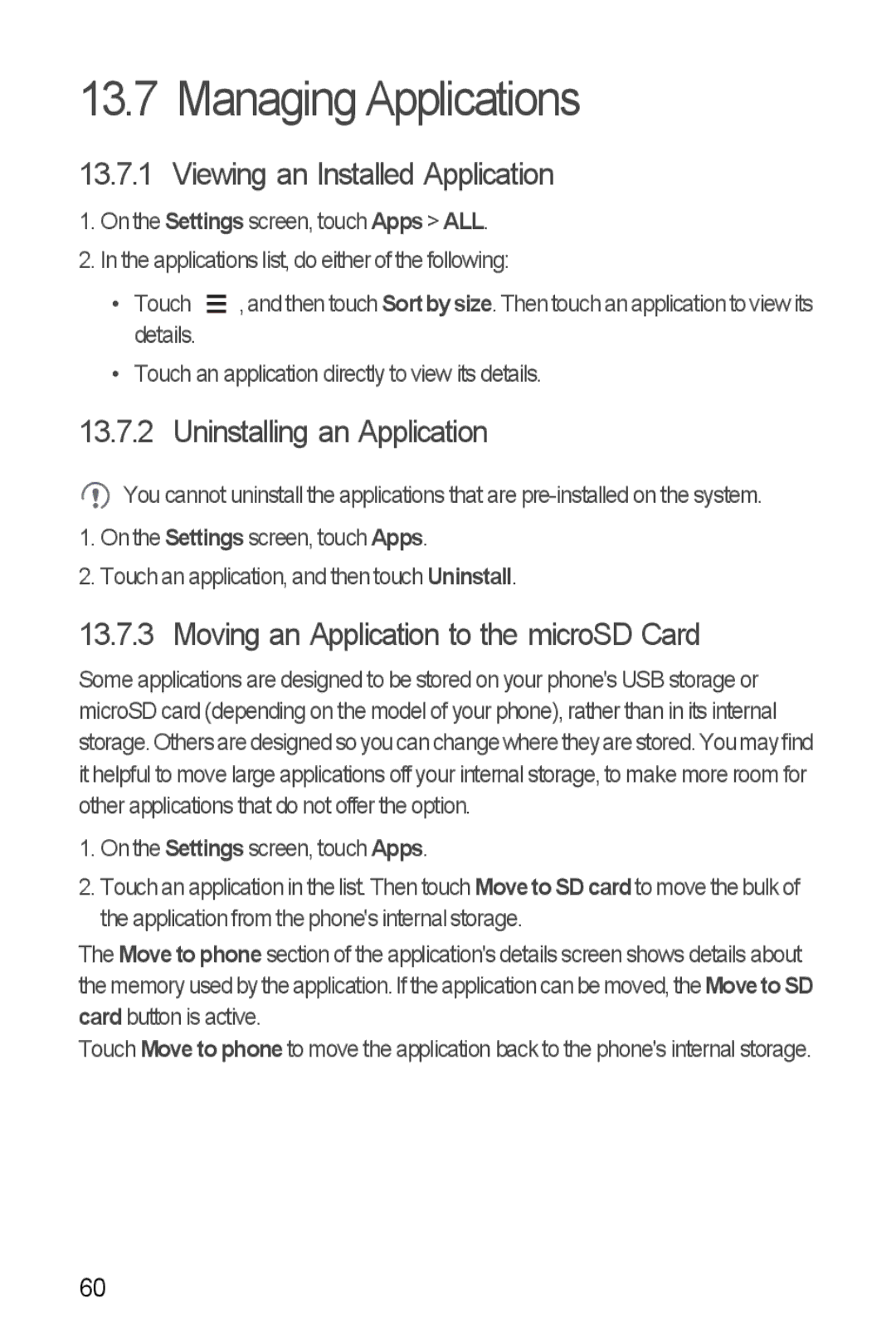 Huawei Y300 manual Managing Applications, Viewing an Installed Application, Moving an Application to the microSD Card 