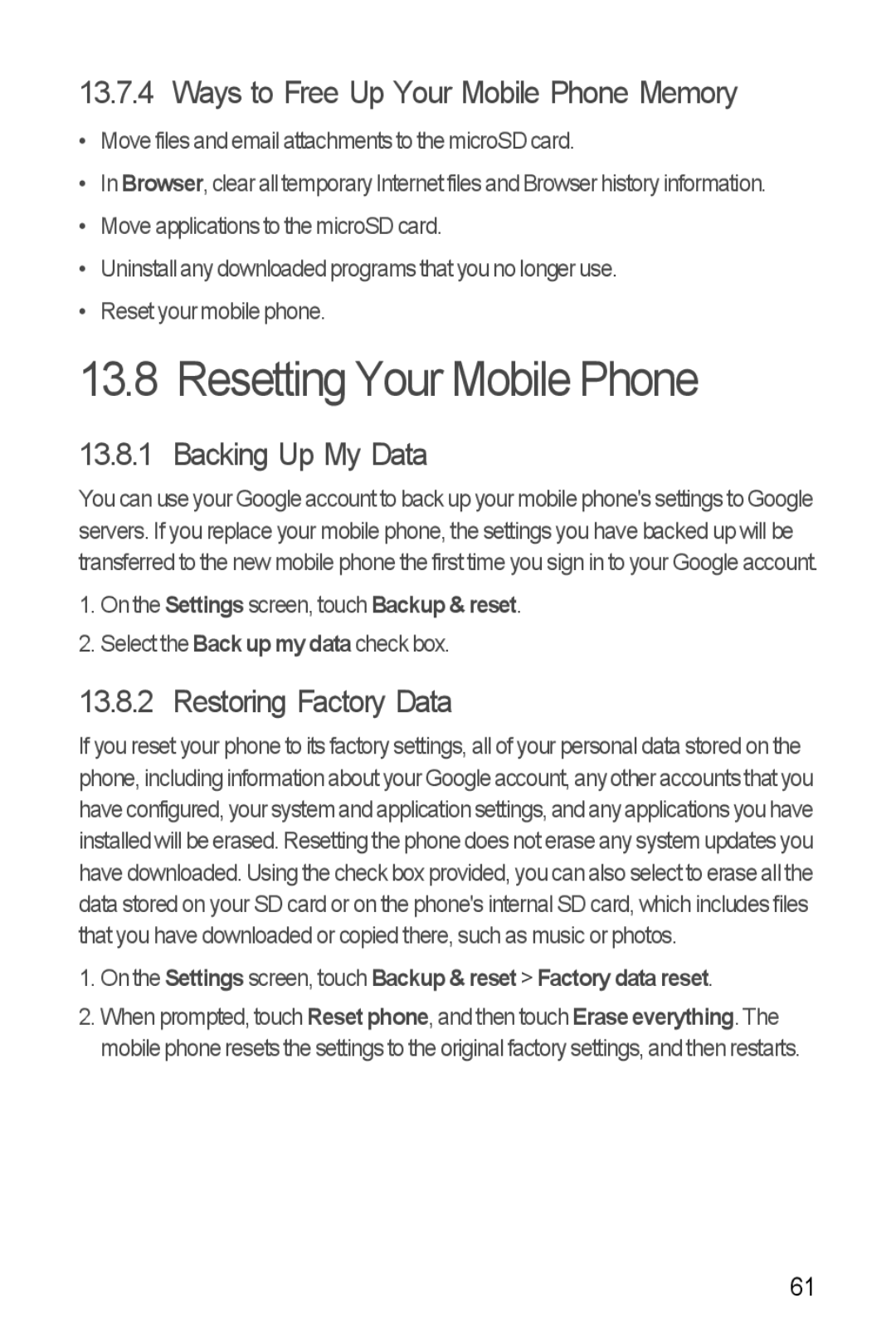 Huawei Y300 manual Resetting Your Mobile Phone, Ways to Free Up Your Mobile Phone Memory, Backing Up My Data 