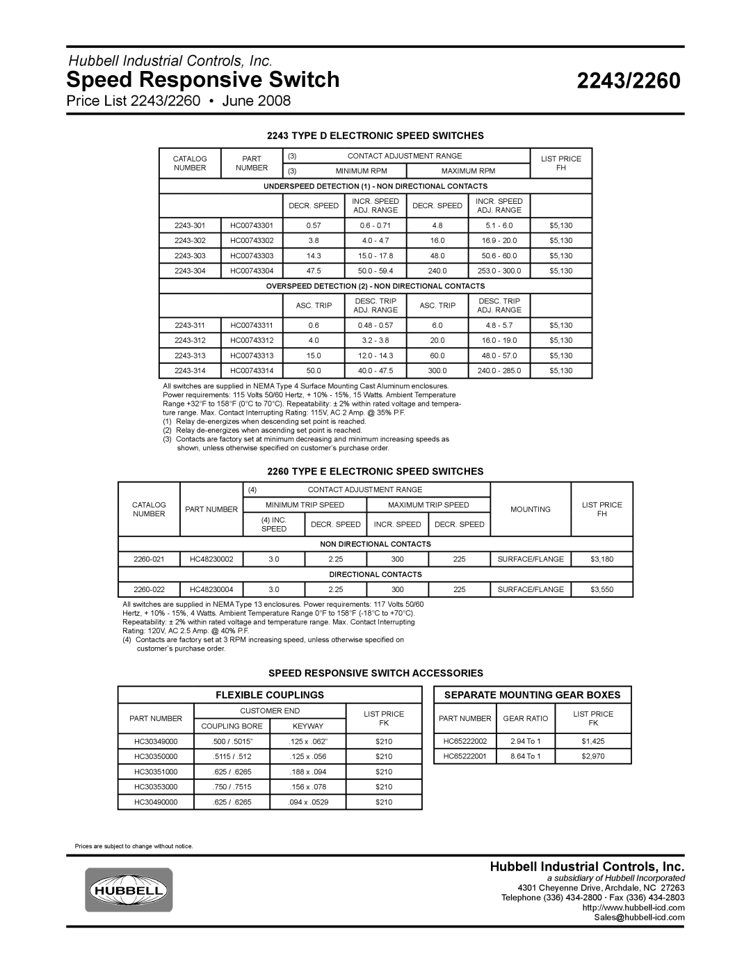 Hubbell 2260, 2243 manual Type D Electronic Speed Switches, Type E Electronic Speed Switches, Separate Mounting Gear Boxes 