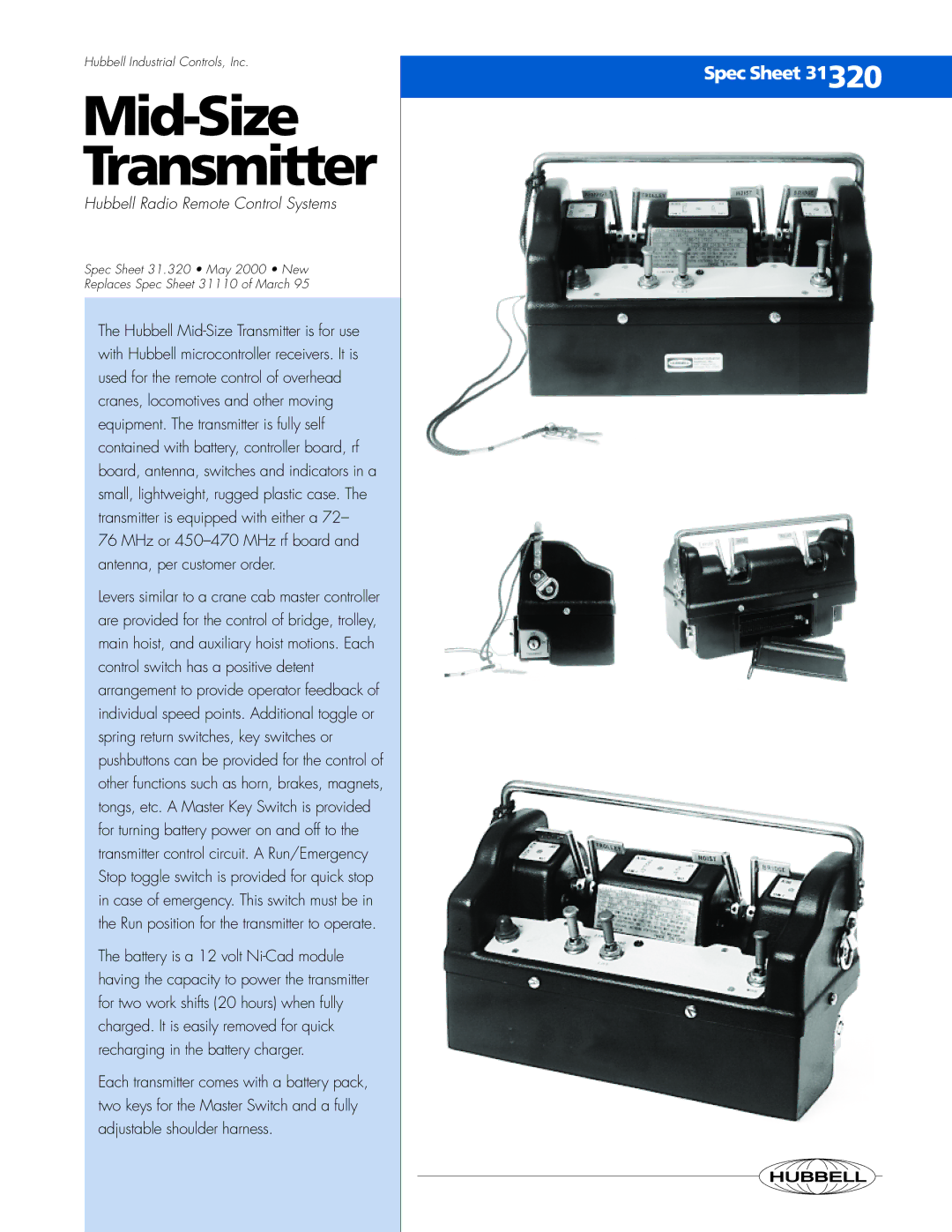 Hubbell 31.320 manual Mid-Size Transmitter, Hubbell Radio Remote Control Systems 