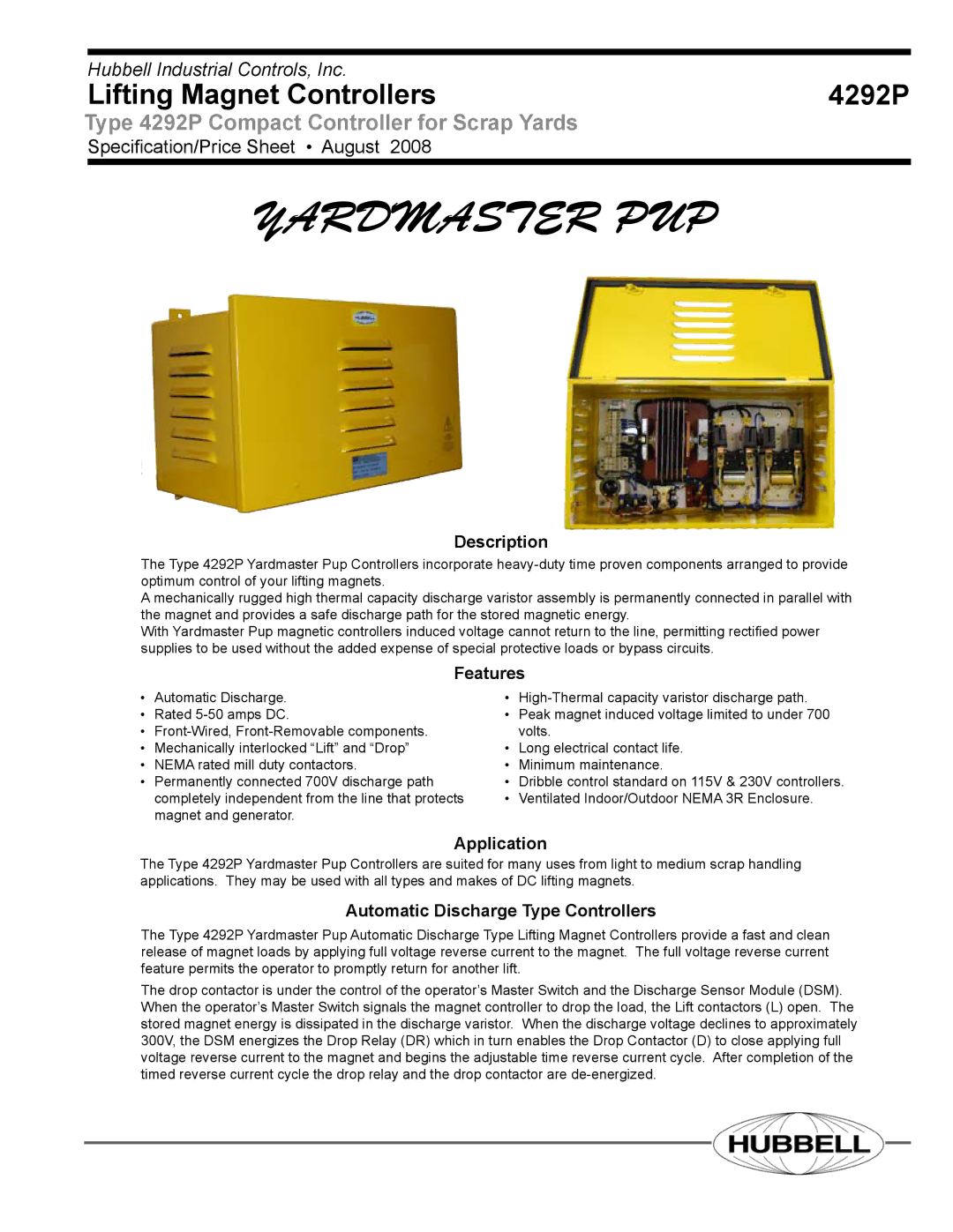 Hubbell 4292P manual Description, Features, Application, Automatic Discharge Type Controllers 