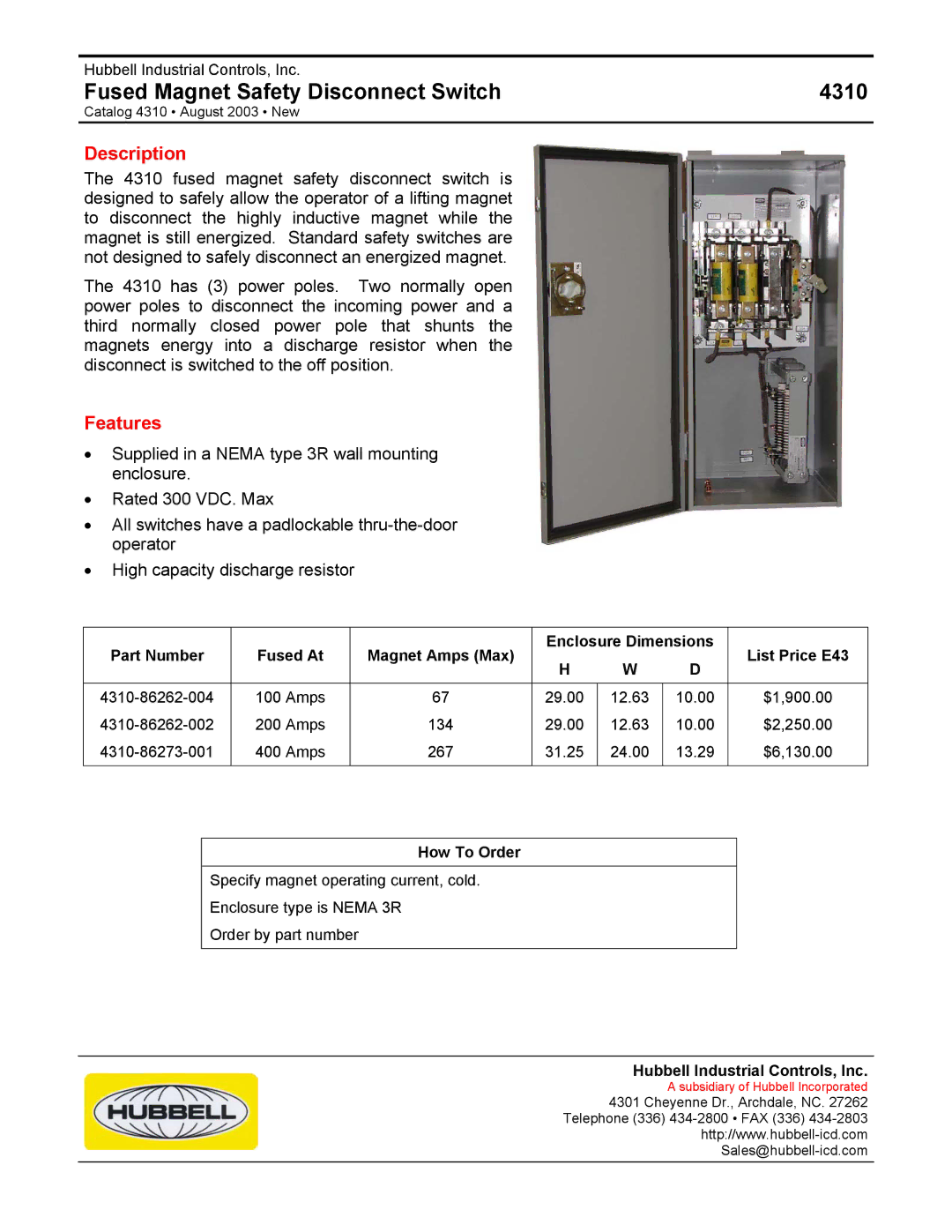 Hubbell 4310 dimensions Fused Magnet Safety Disconnect Switch, Description, Features 