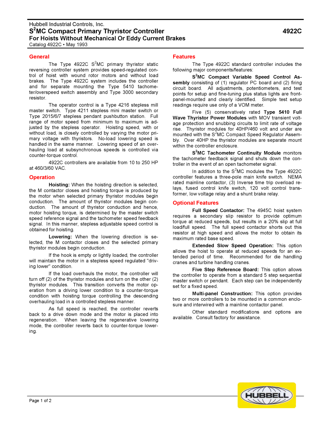 Hubbell 4922c manual 4922C, For Hoists Without Mechanical Or Eddy Current Brakes 