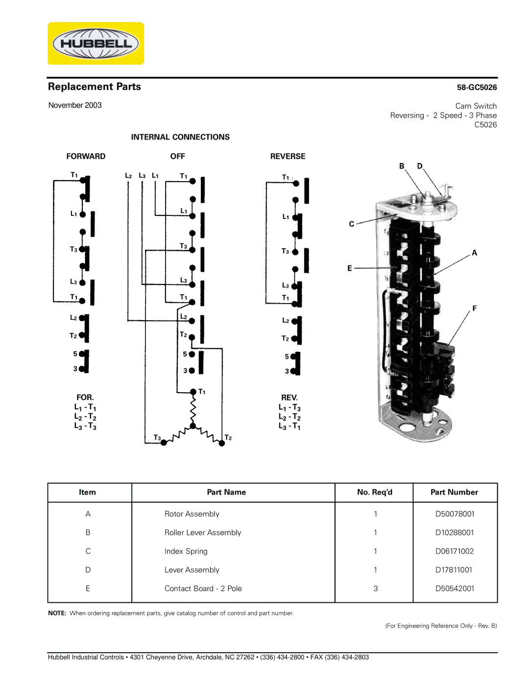 Hubbell 58-GC5026 manual Replacement Parts, Internal Connections Forward OFF 