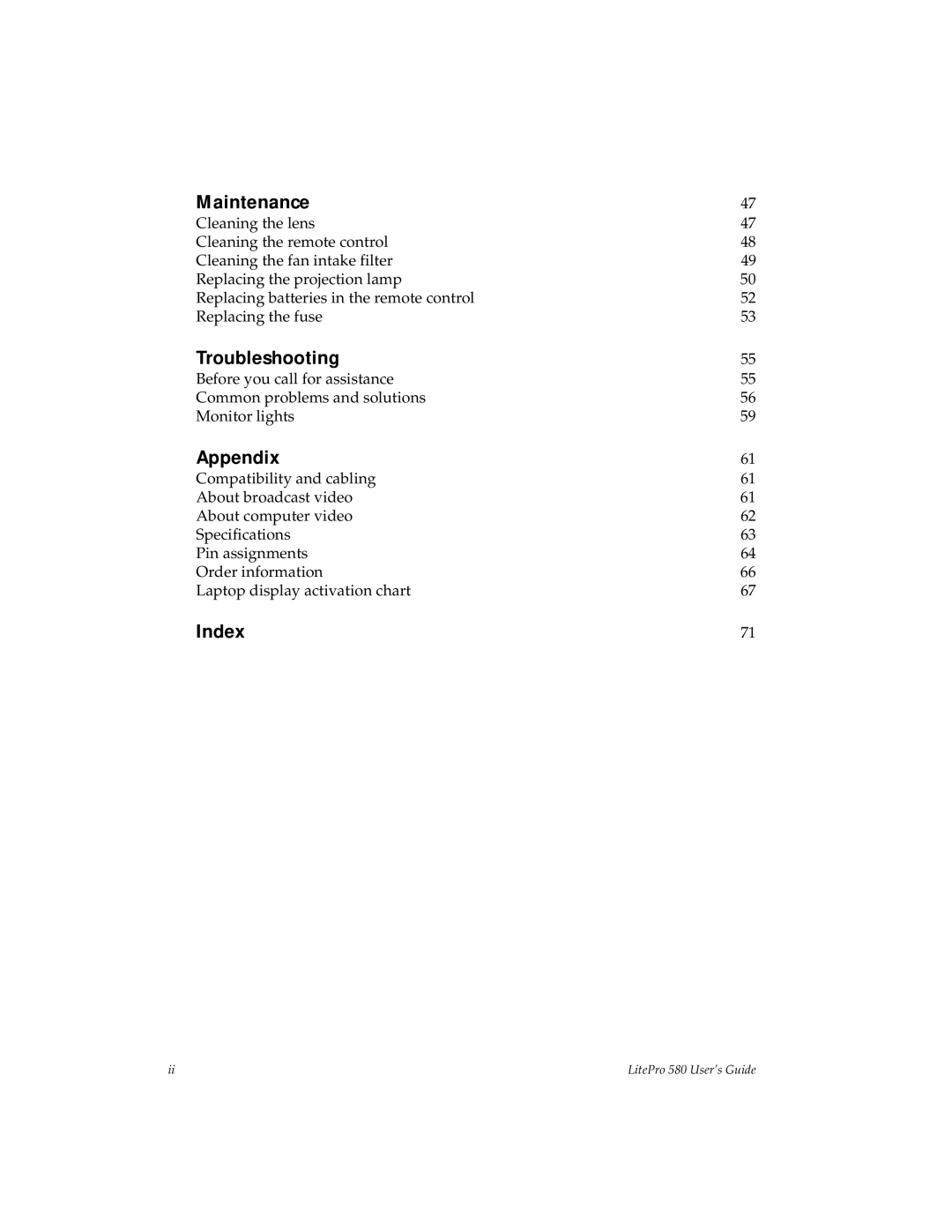 Hubbell 580 manual Maintenance, Troubleshooting, Appendix, Index 