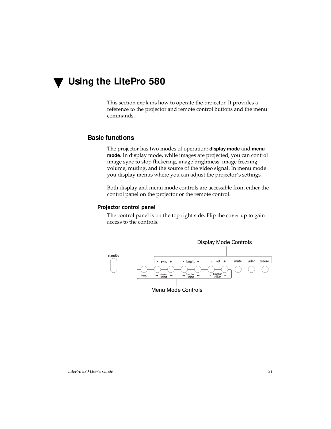 Hubbell 580 manual Using the LitePro, Basic functions, Projector control panel, Display Mode Controls Menu Mode Controls 