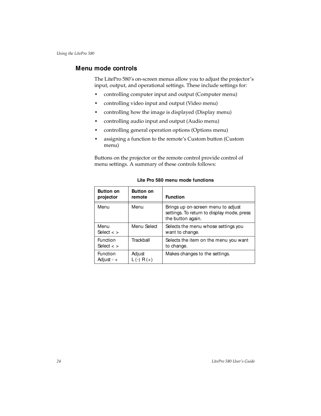 Hubbell 580 manual Menu mode controls 