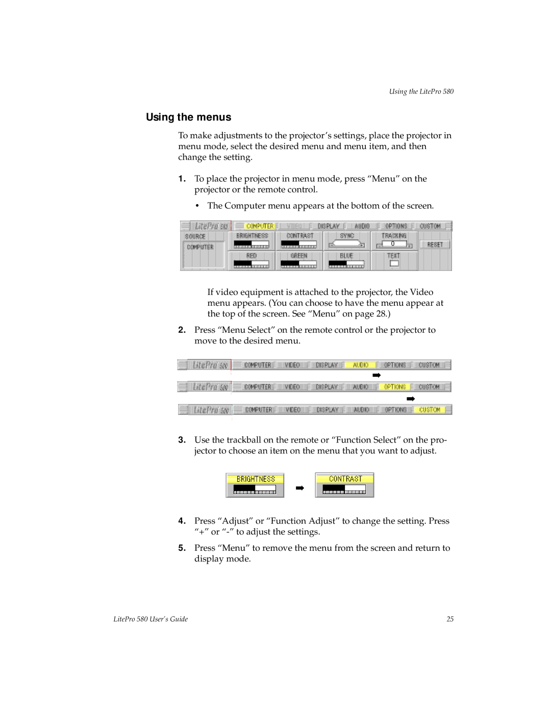 Hubbell 580 manual Using the menus 