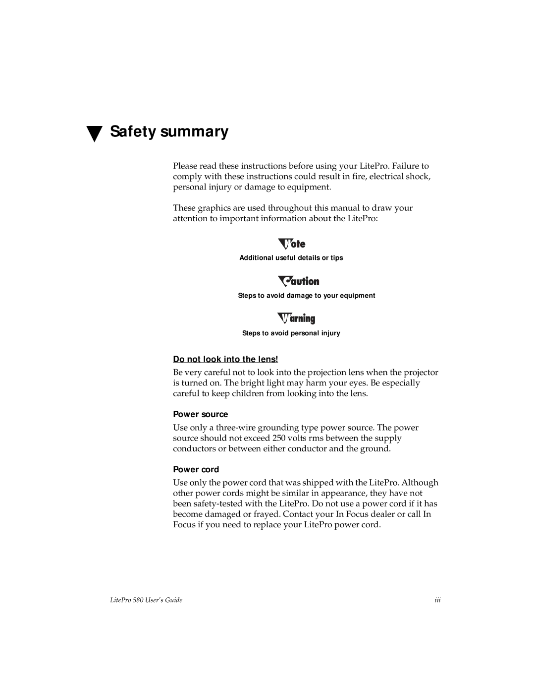 Hubbell 580 manual Safety summary, Do not look into the lens, Power source, Power cord 