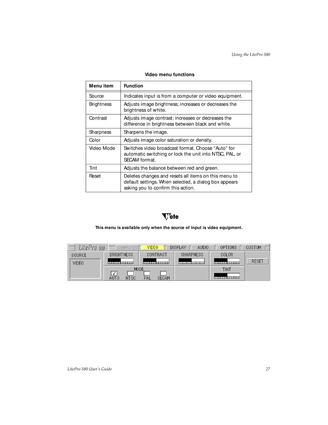 Hubbell 580 manual Video menu functions 