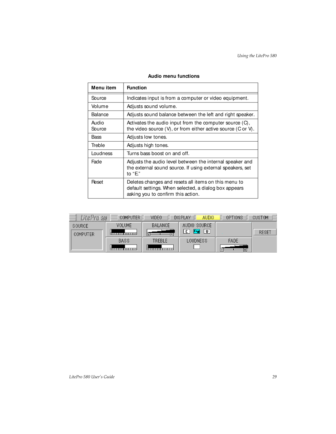 Hubbell 580 manual Audio menu functions 