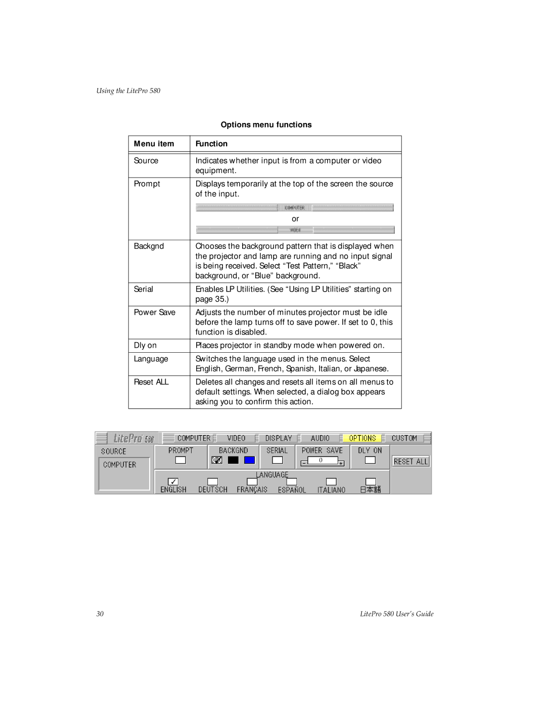 Hubbell 580 manual Options menu functions 