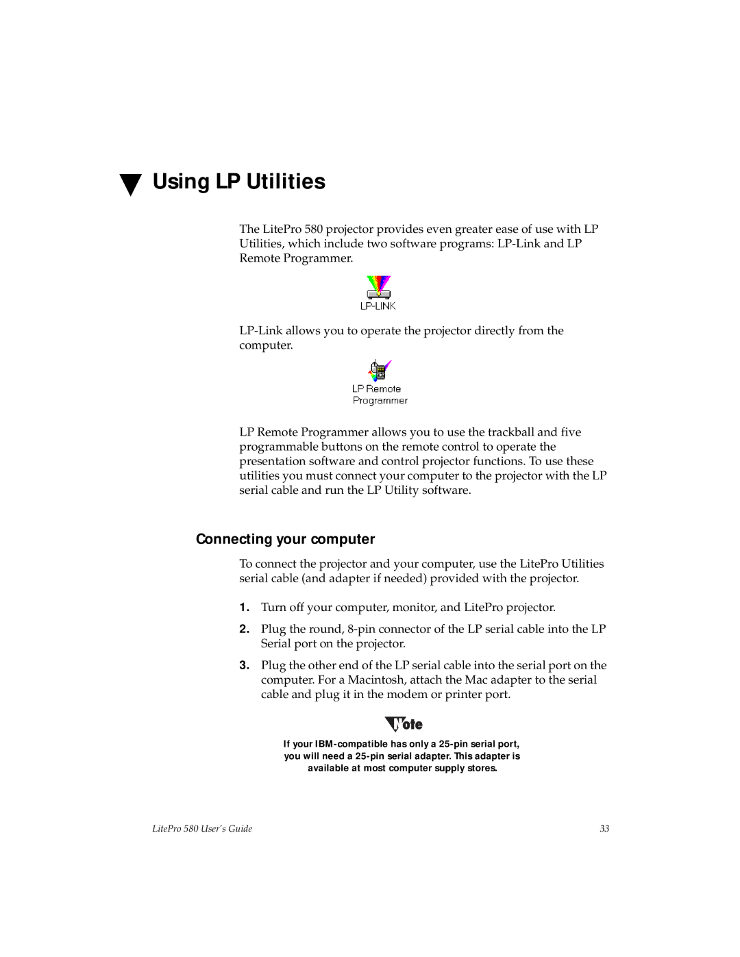 Hubbell 580 manual Using LP Utilities, Connecting your computer 