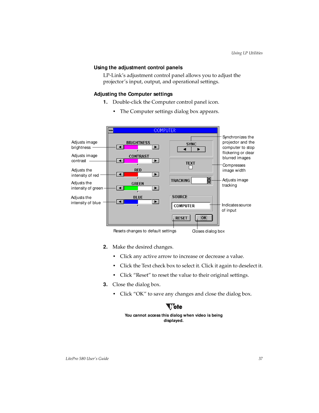 Hubbell 580 manual Using the adjustment control panels, Adjusting the Computer settings 