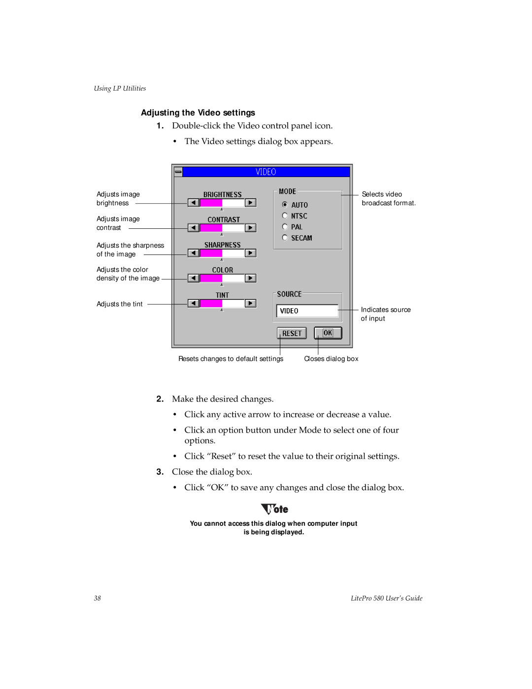 Hubbell 580 manual Adjusting the Video settings 