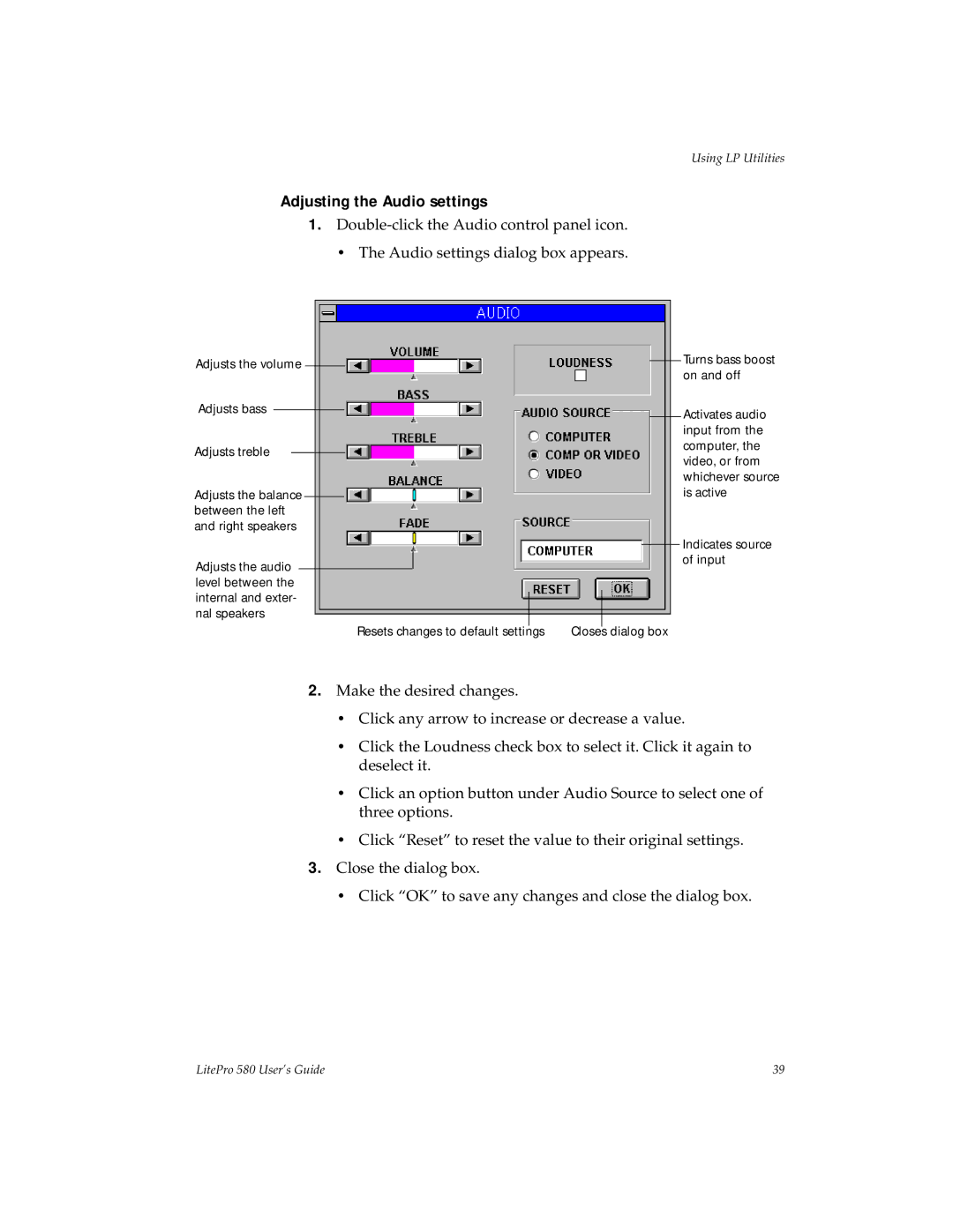 Hubbell 580 manual Adjusting the Audio settings 