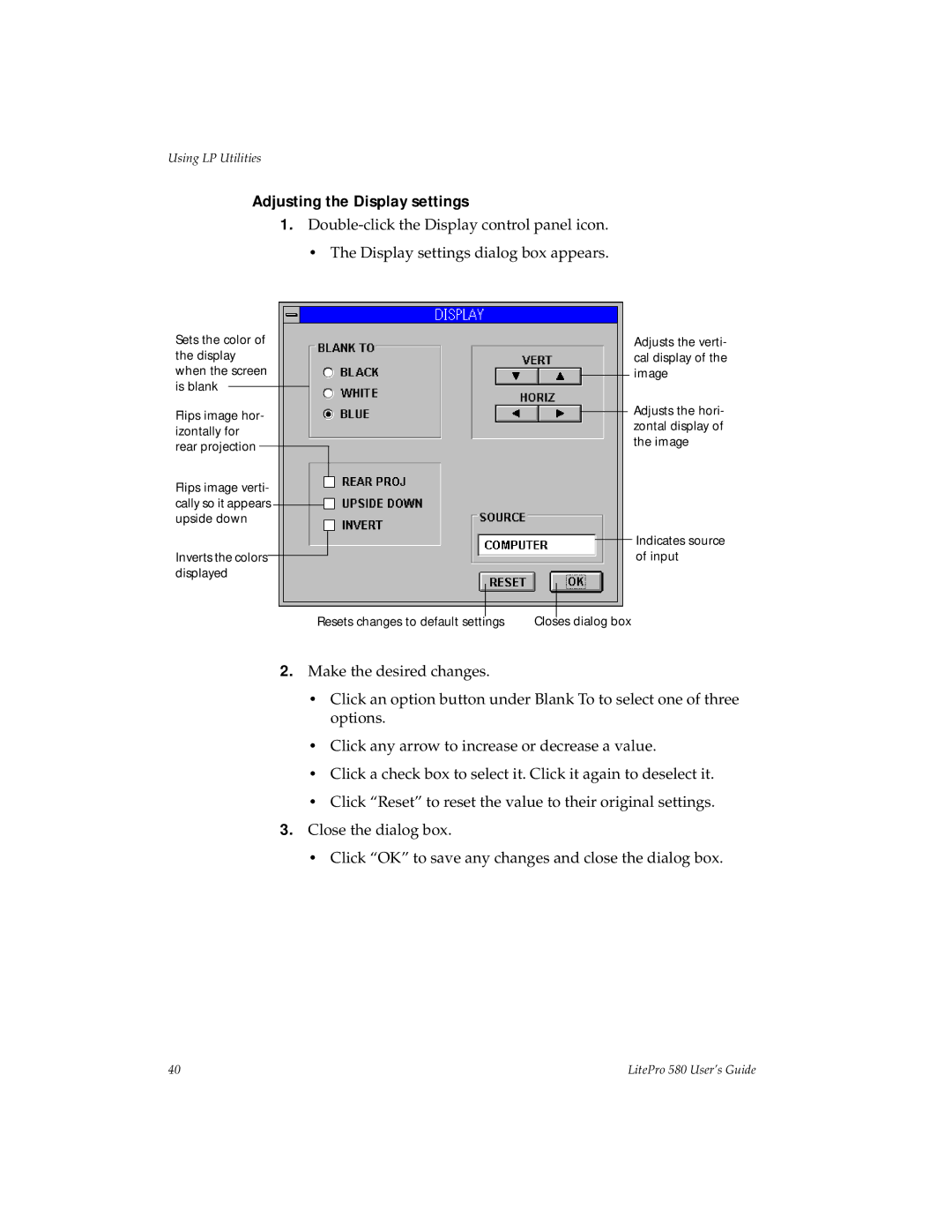 Hubbell 580 manual Adjusting the Display settings 