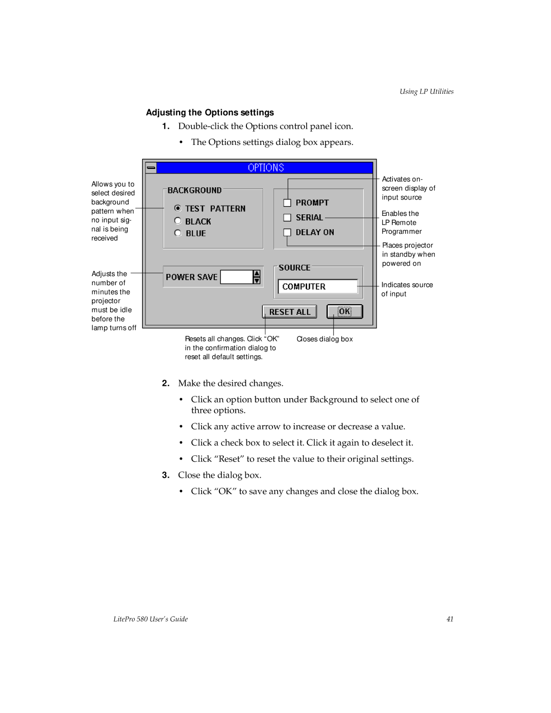 Hubbell 580 manual Adjusting the Options settings 