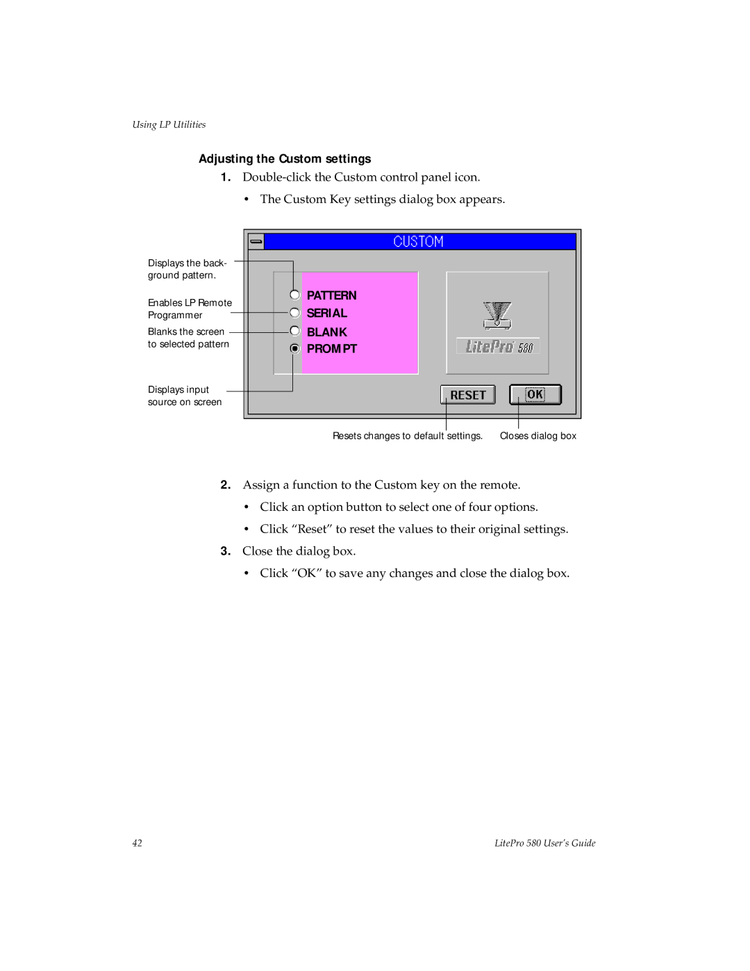 Hubbell 580 manual Adjusting the Custom settings, Blank 