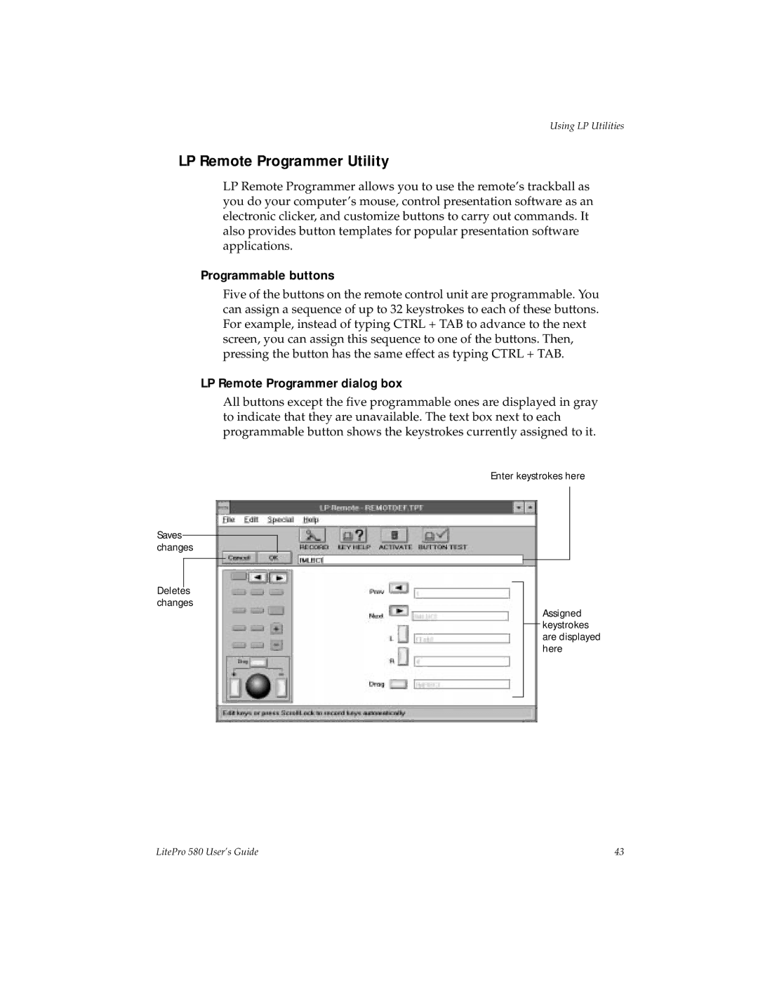 Hubbell 580 manual LP Remote Programmer Utility, Programmable buttons, LP Remote Programmer dialog box 