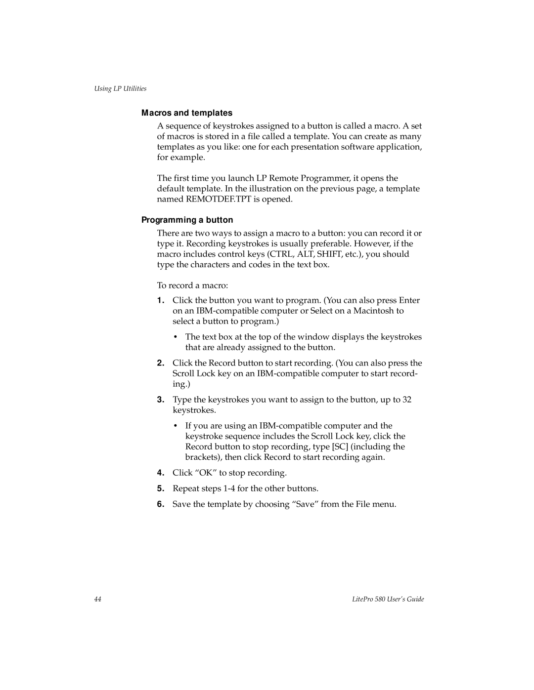 Hubbell 580 manual Macros and templates, Programming a button 