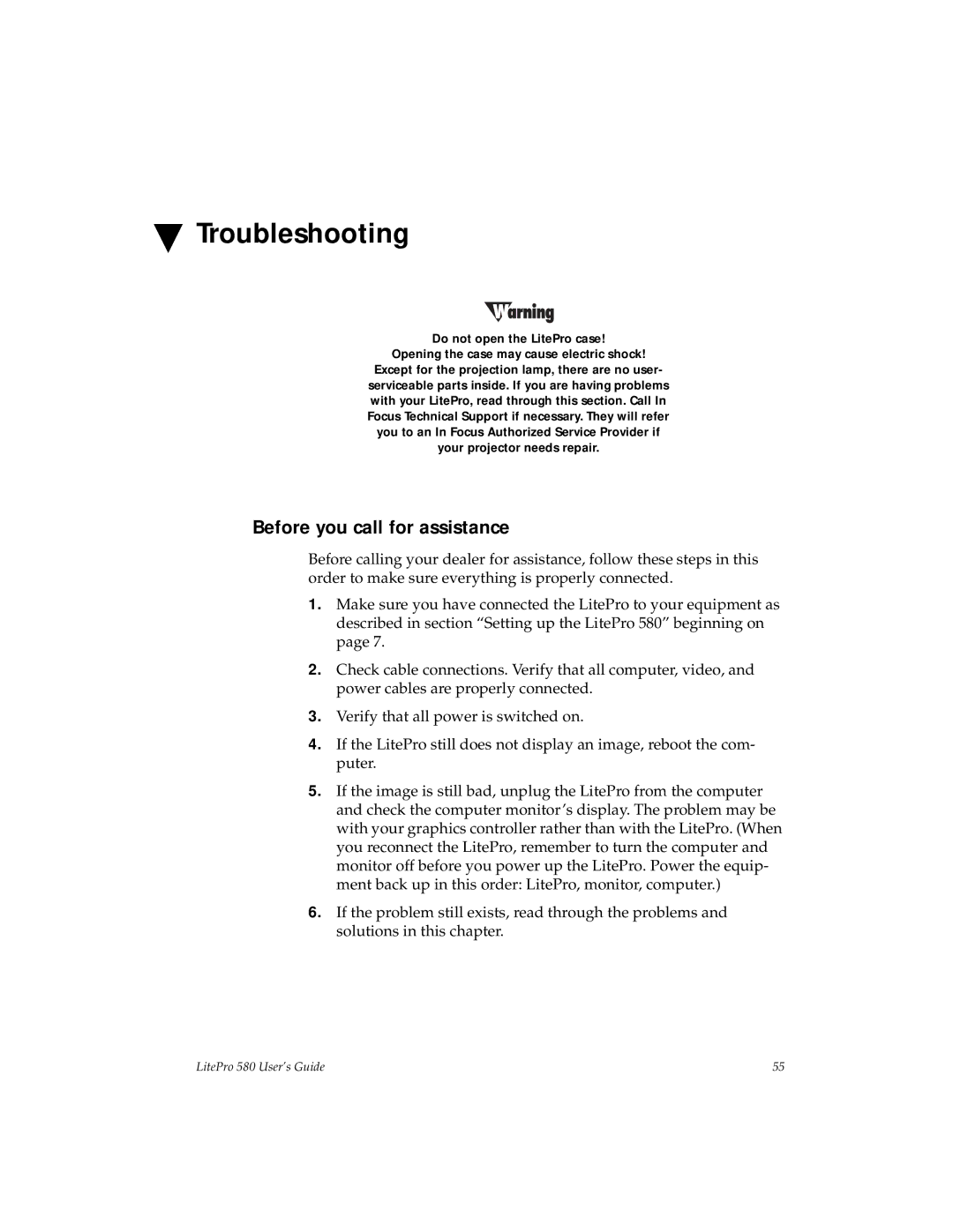 Hubbell 580 manual Troubleshooting, Before you call for assistance 