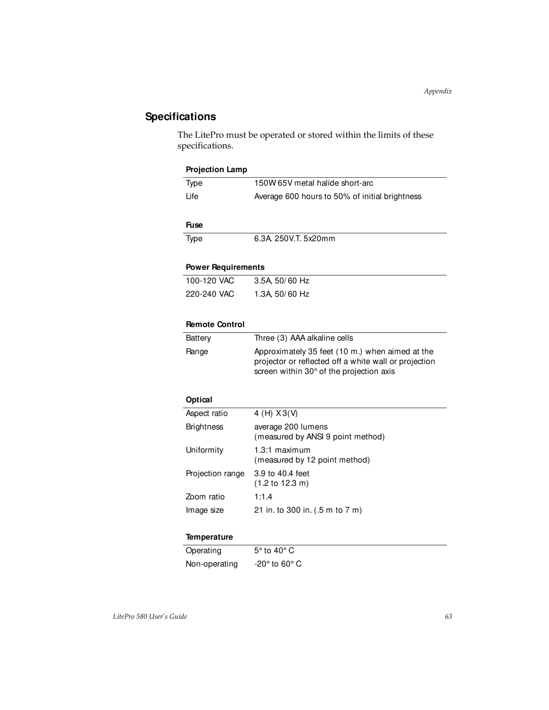 Hubbell 580 manual Specifications 