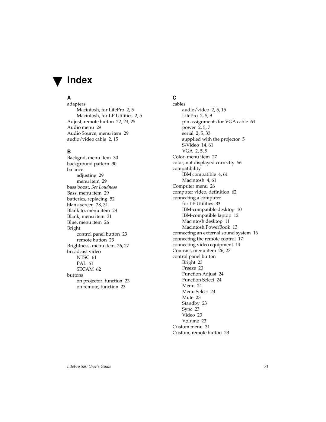 Hubbell 580 manual Index, Ntsc PAL 61 Secam 