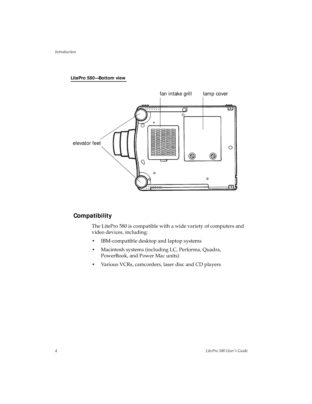 Hubbell 580 manual Compatibility, Fan intake grill Lamp cover Elevator feet 