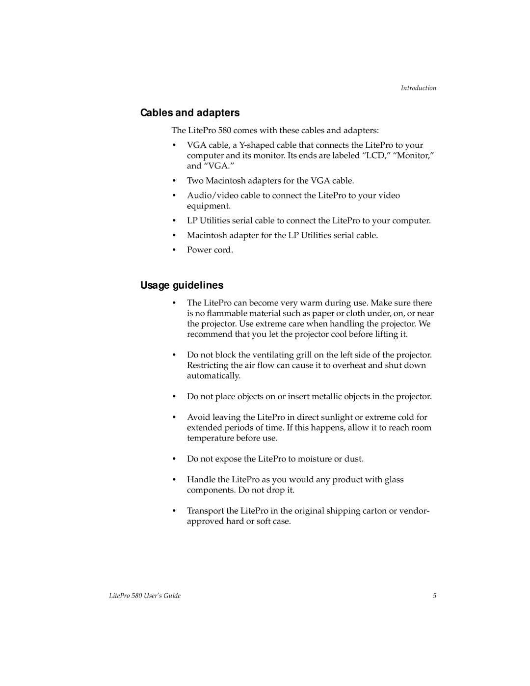 Hubbell 580 manual Cables and adapters, Usage guidelines 