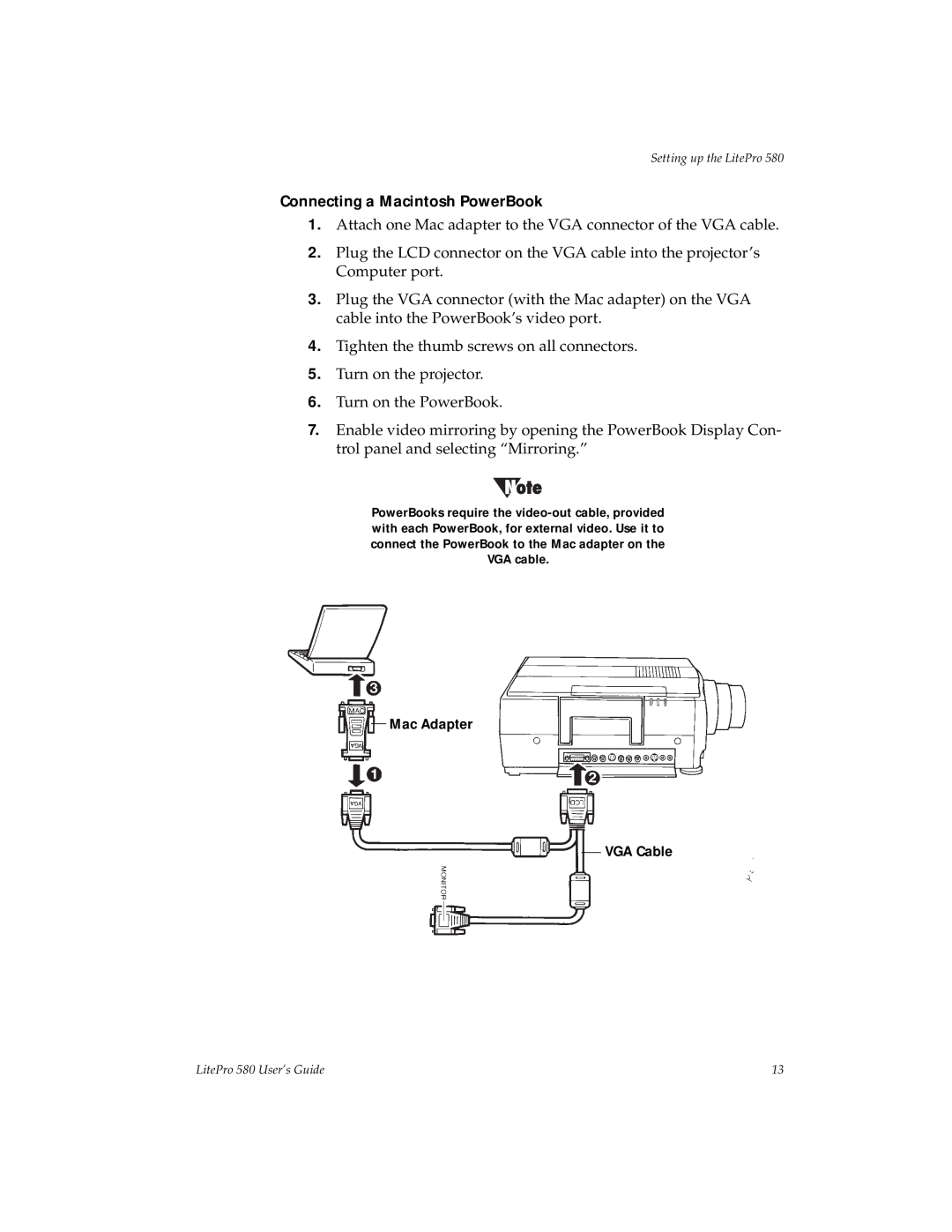 Hubbell 580 manual Connecting a Macintosh PowerBook, Mac Adapter VGA Cable 