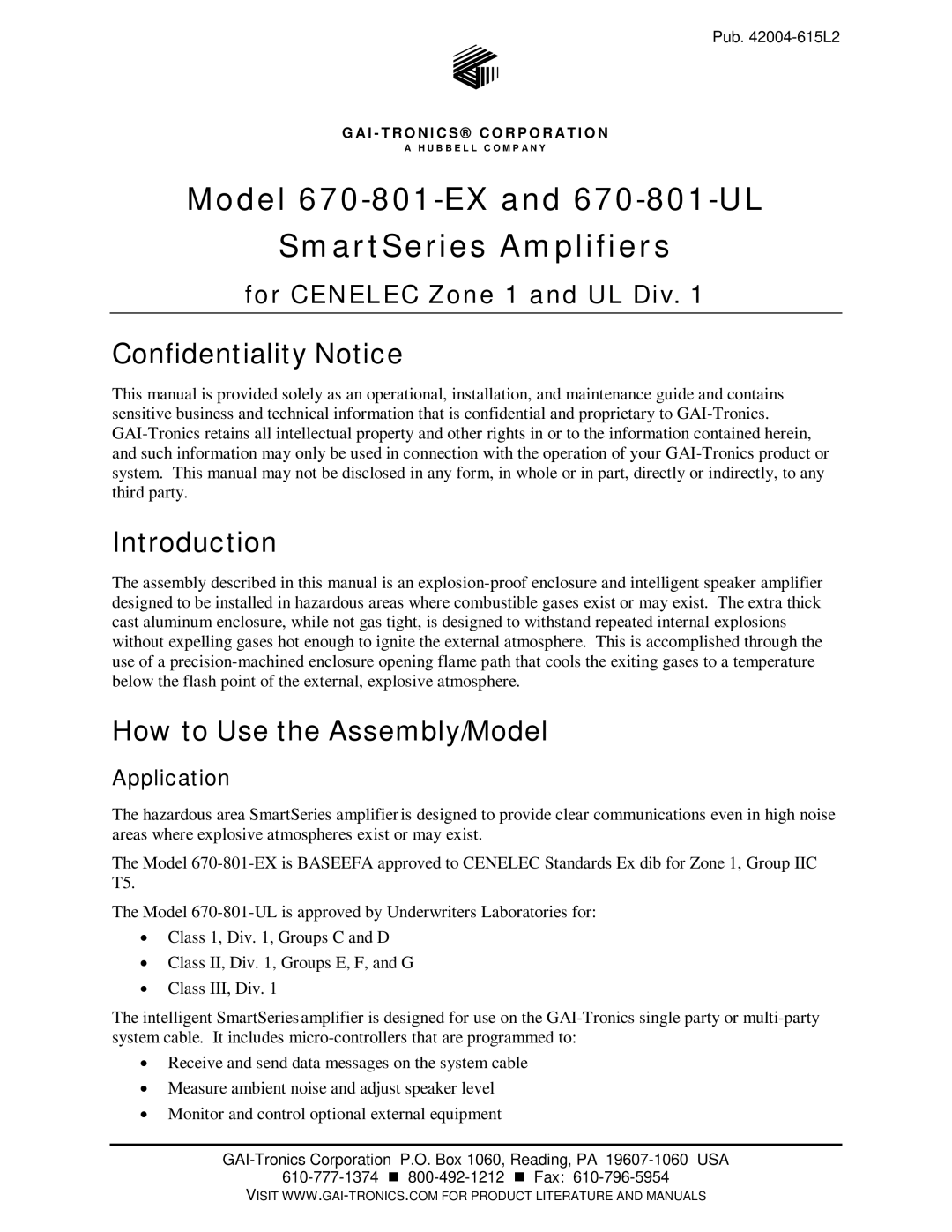 Hubbell 670-801-UL, 670-801-EX manual Confidentiality Notice, Introduction, How to Use the Assembly/Model, Application 